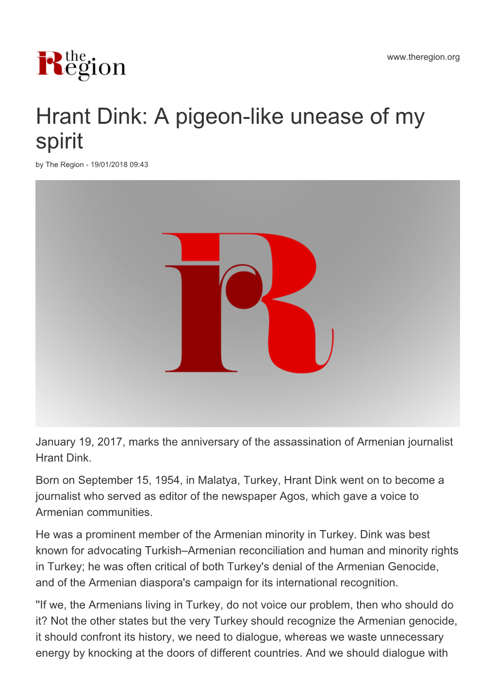 Hrant Dink: a Pigeon-Like Unease of My Spirit by the Region - 19/01/2018 09:43