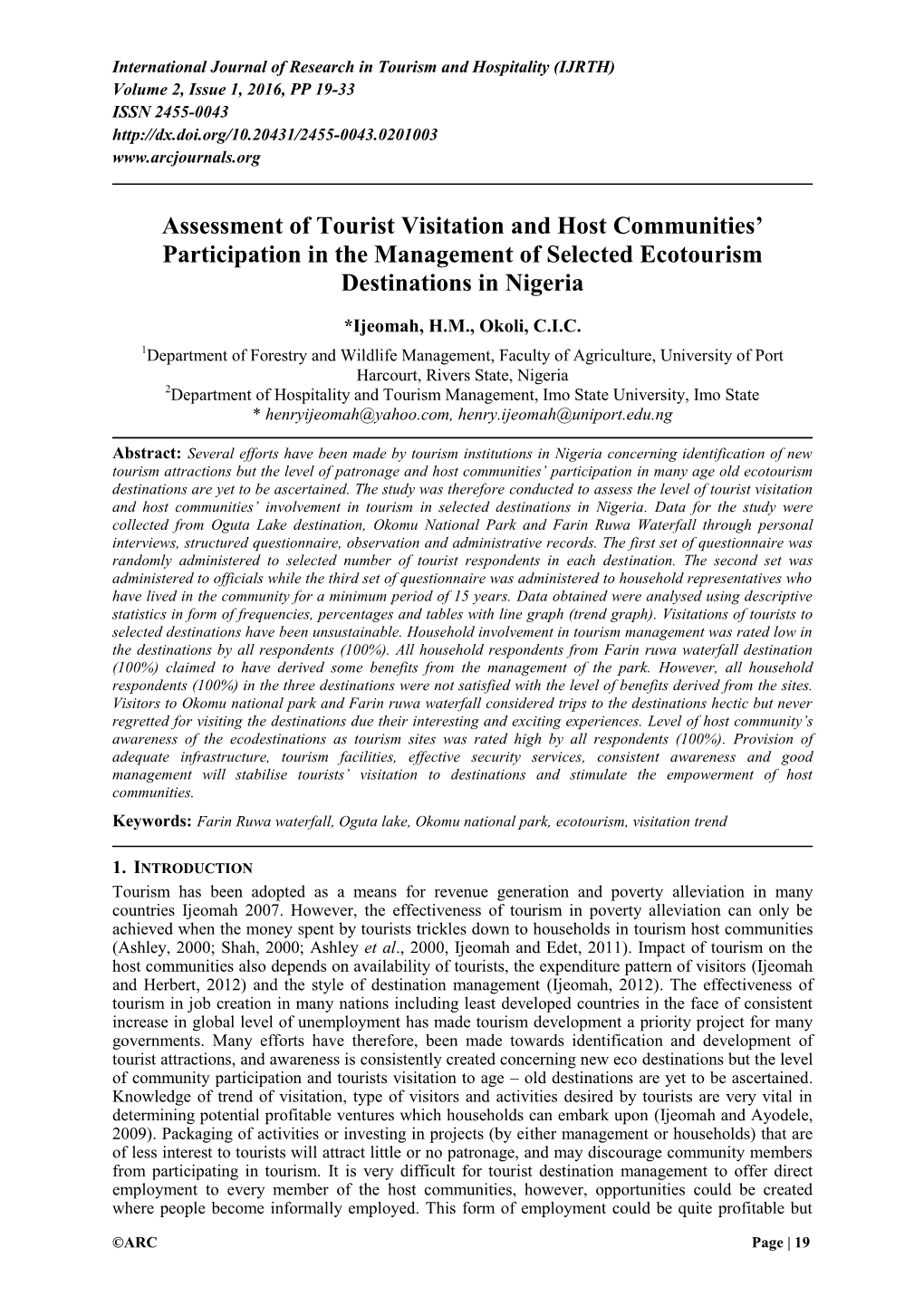 Assessment of Tourist Visitation and Host Communities' Participation In