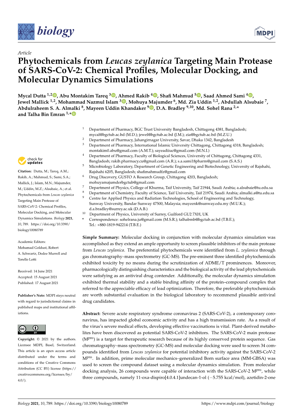 Phytochemicals from Leucas Zeylanica Targeting Main Protease of SARS-Cov-2: Chemical Proﬁles, Molecular Docking, and Molecular Dynamics Simulations