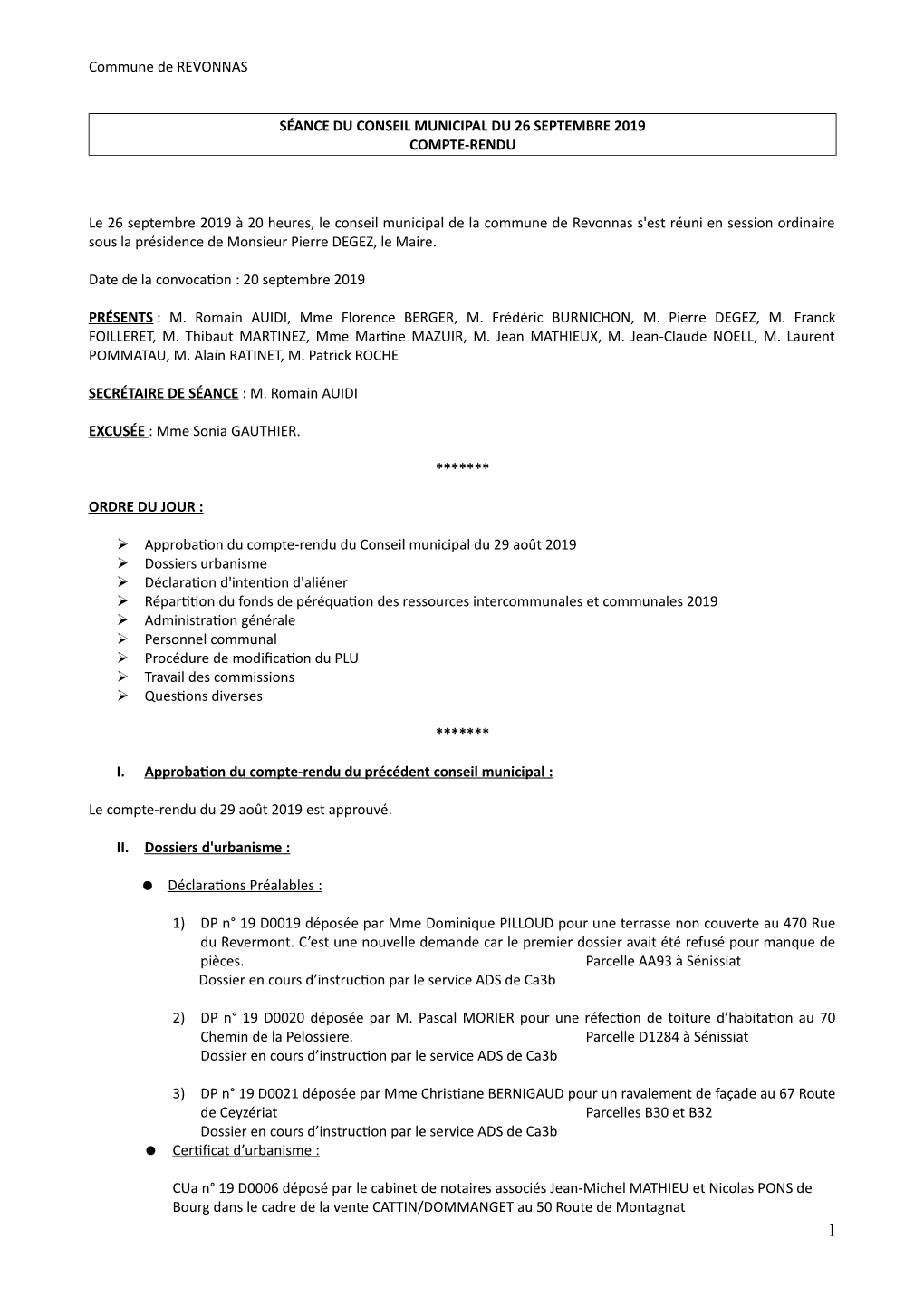 Commune De REVONNAS SÉANCE DU CONSEIL MUNICIPAL DU 26