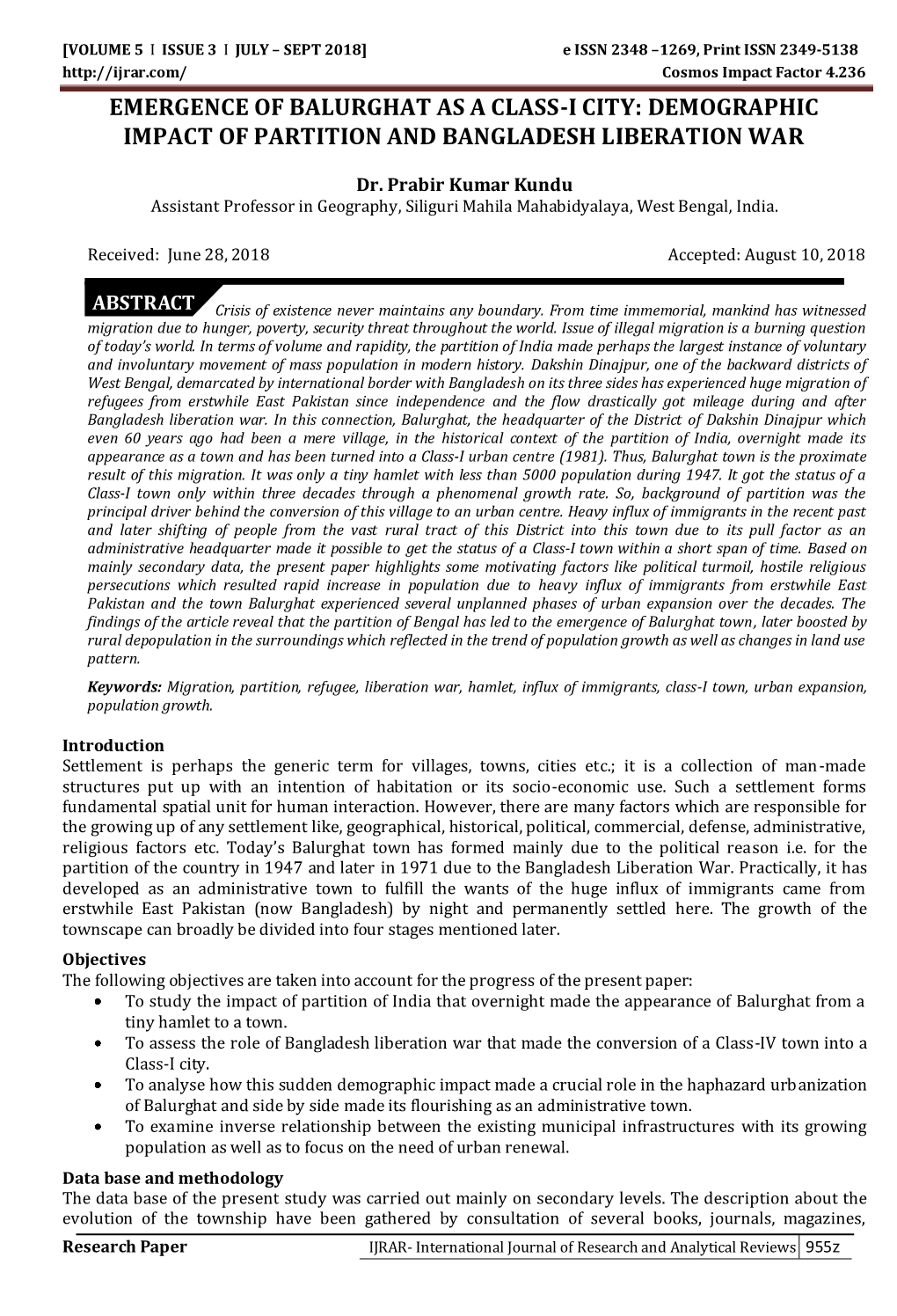 Emergence of Balurghat As a Class-I City: Demographic Impact of Partition and Bangladesh Liberation War