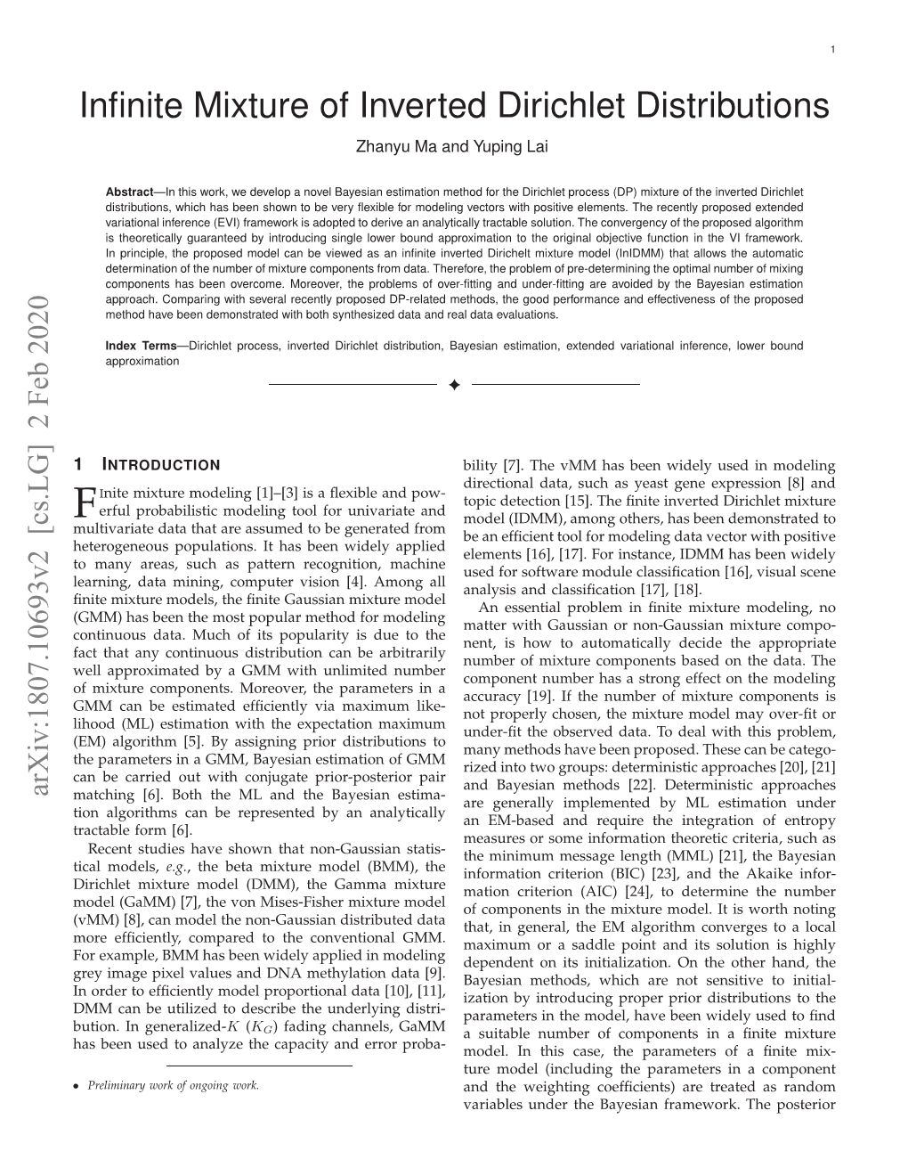 Infinite Mixture of Inverted Dirichlet Distributions