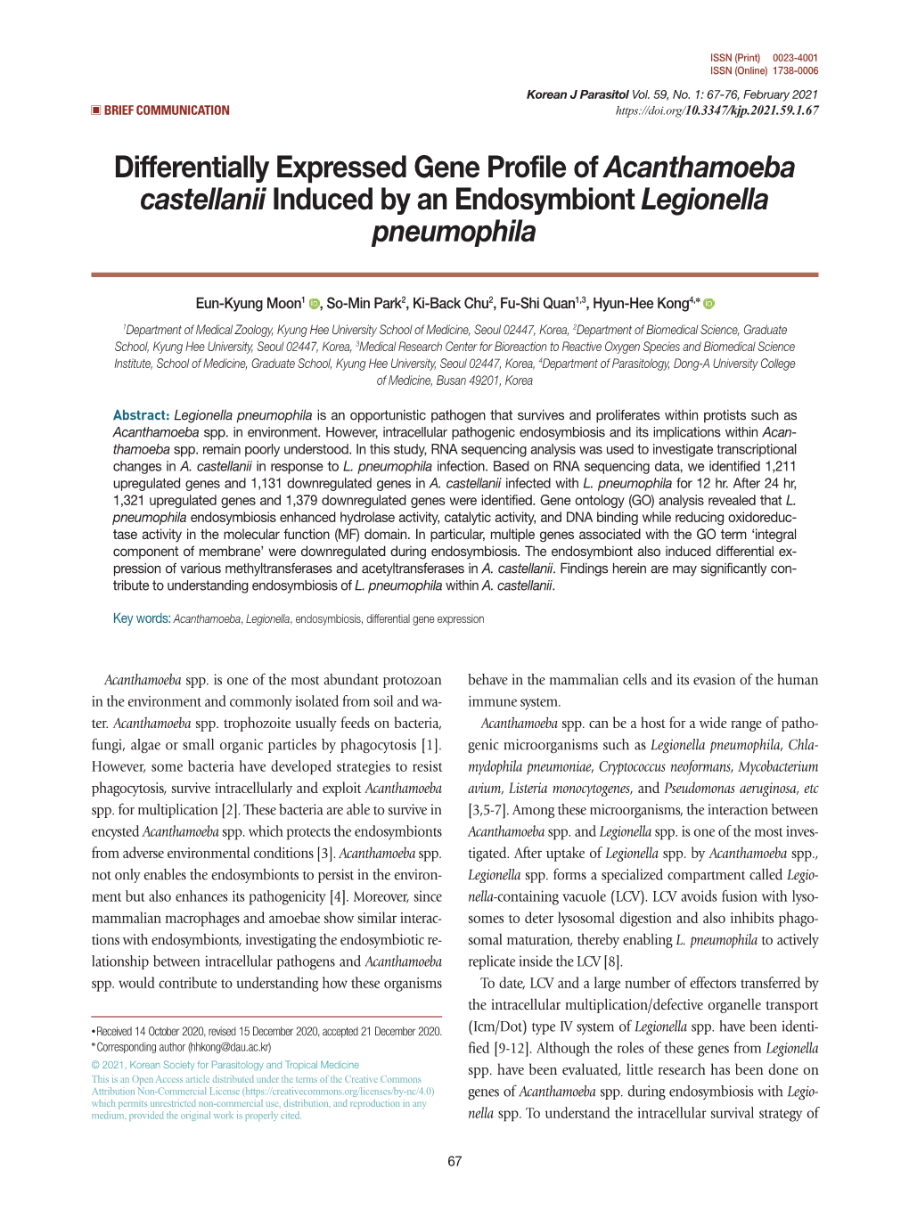 Differentially Expressed Gene Profile of Acanthamoeba Castellanii Induced by an Endosymbiont Legionella Pneumophila