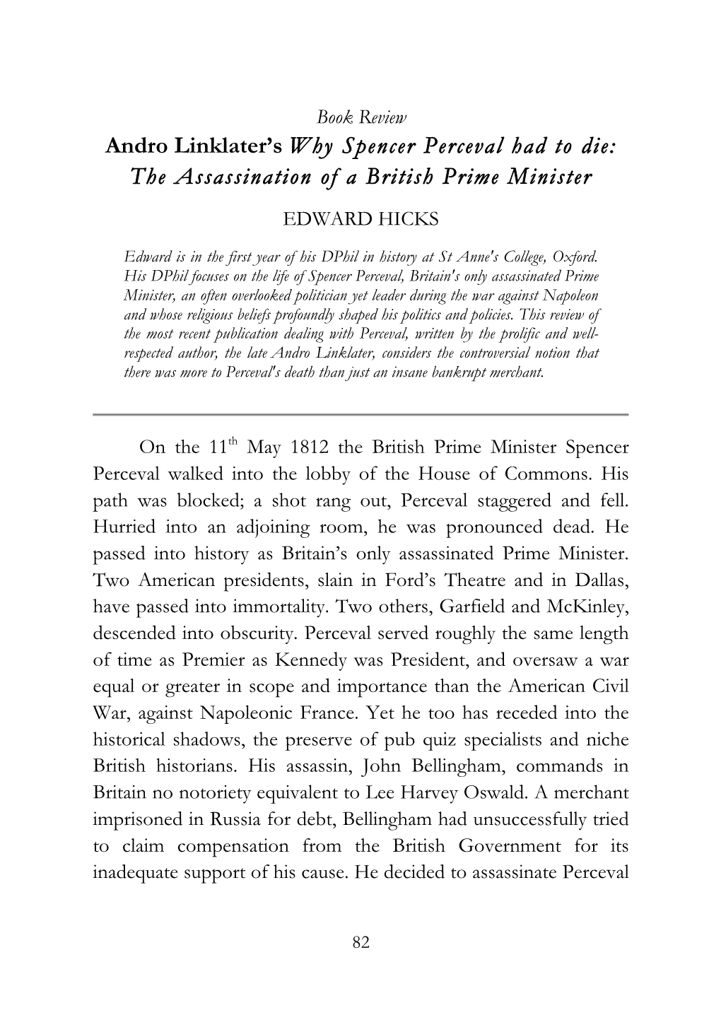 Andro Linklater's Why Spencer Perceval Had To