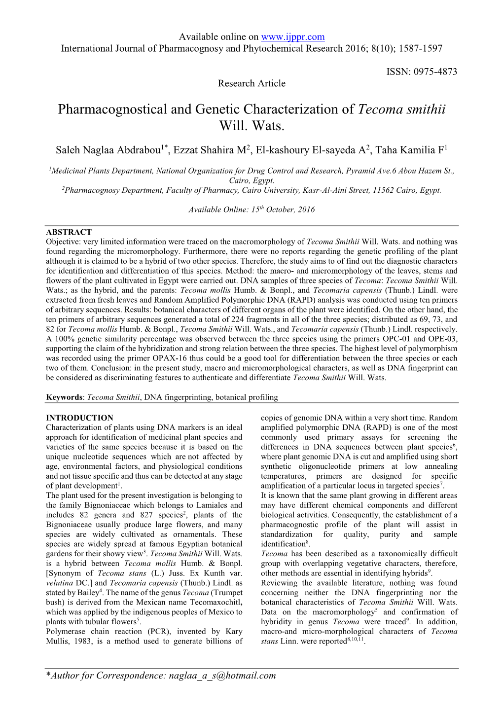 Pharmacognostical and Genetic Characterization of Tecoma Smithii Will