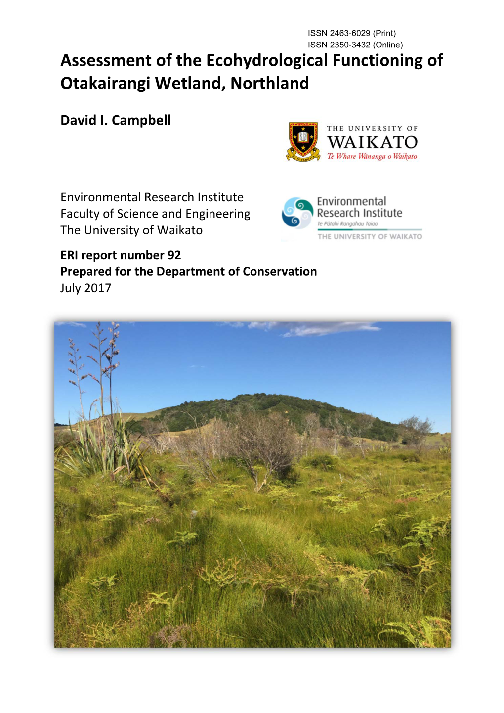 Assessment of the Ecohydrological Functioning of Otakairangi Wetland, Northland