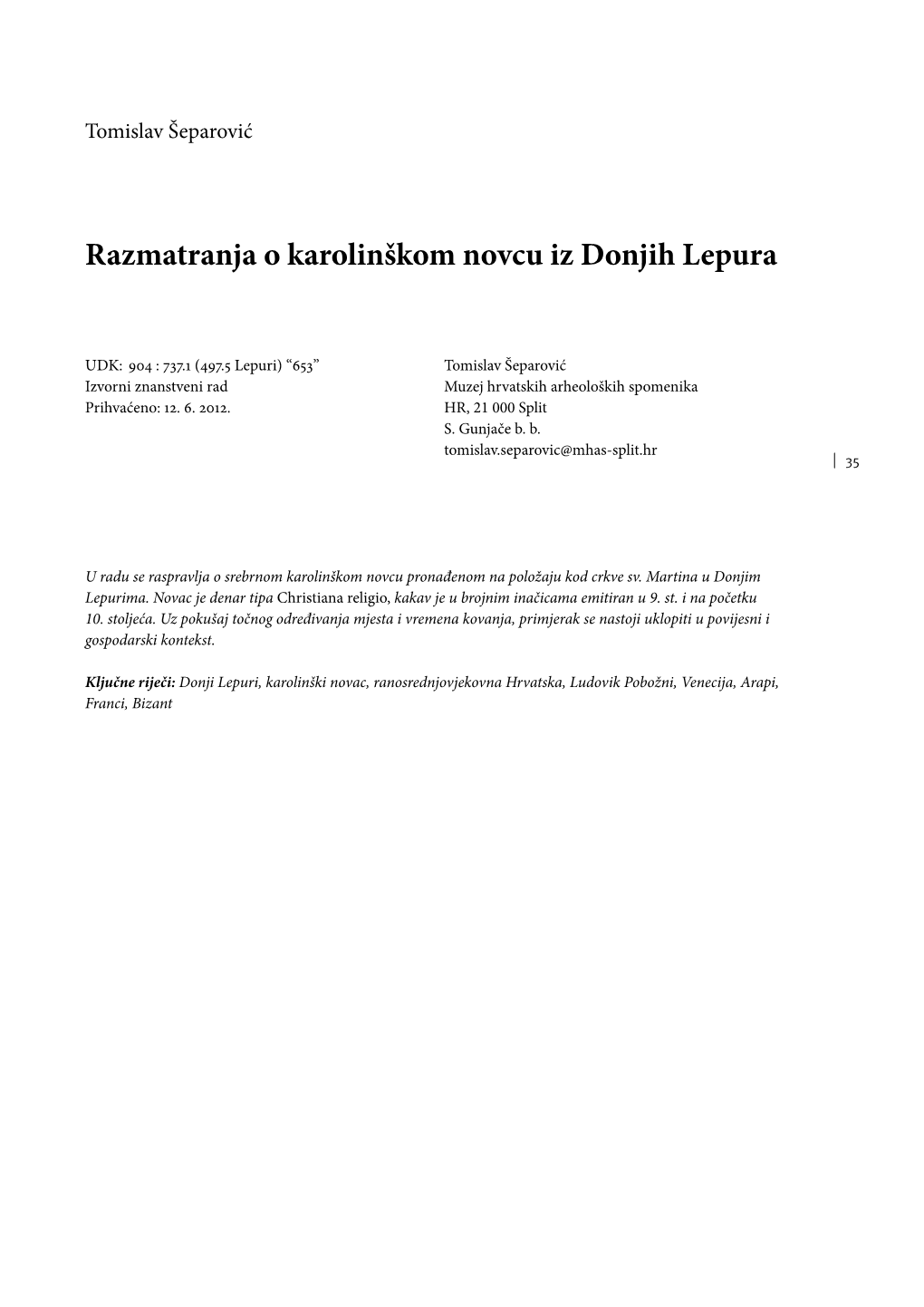 Razmatranja O Karolinškom Novcu Iz Donjih Lepura