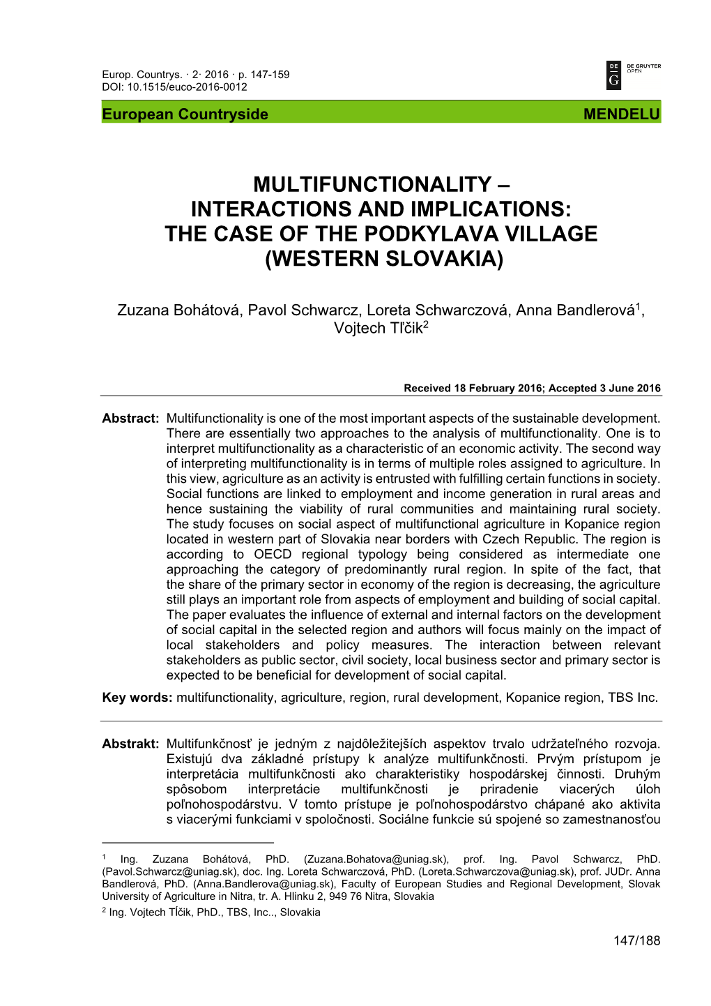 Interactions and Implications: the Case of the Podkylava Village (Western Slovakia)