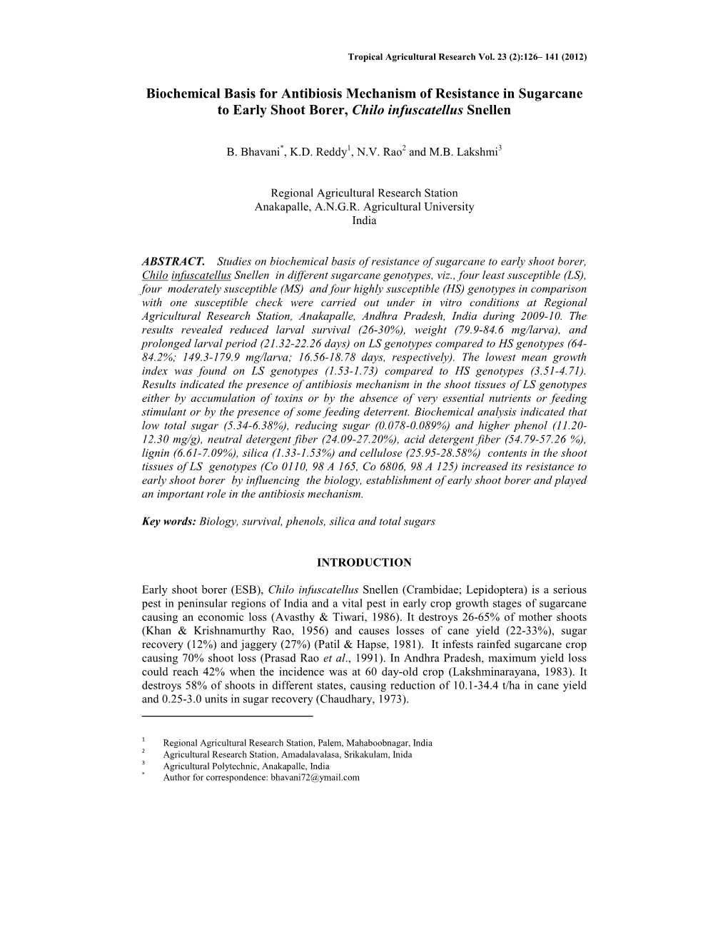 Biochemical Basis for Antibiosis Mechanism of Resistance in Sugarcane to Early Shoot Borer, Chilo Infuscatellus Snellen