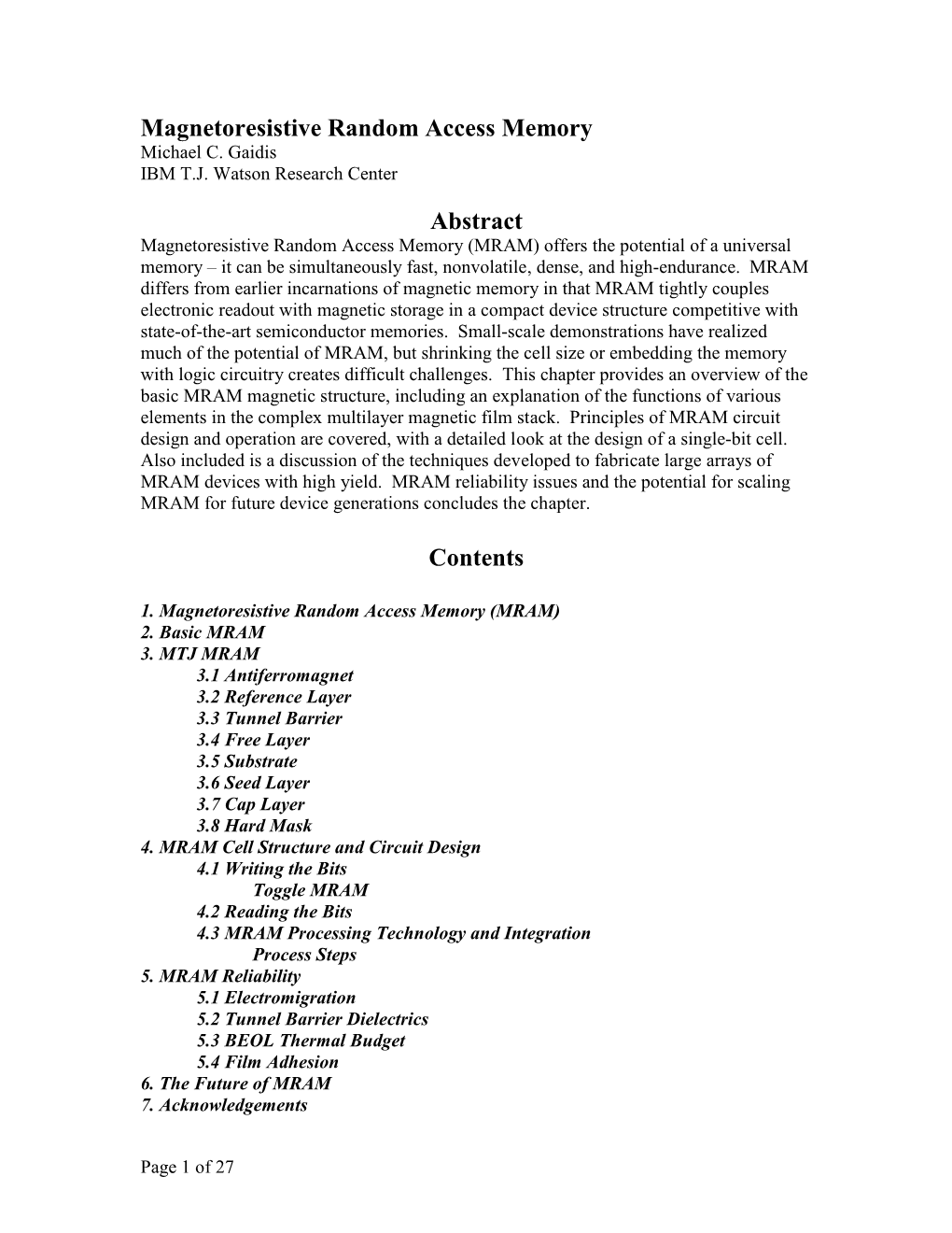 Magnetoresistive Random Access Memory Michael C