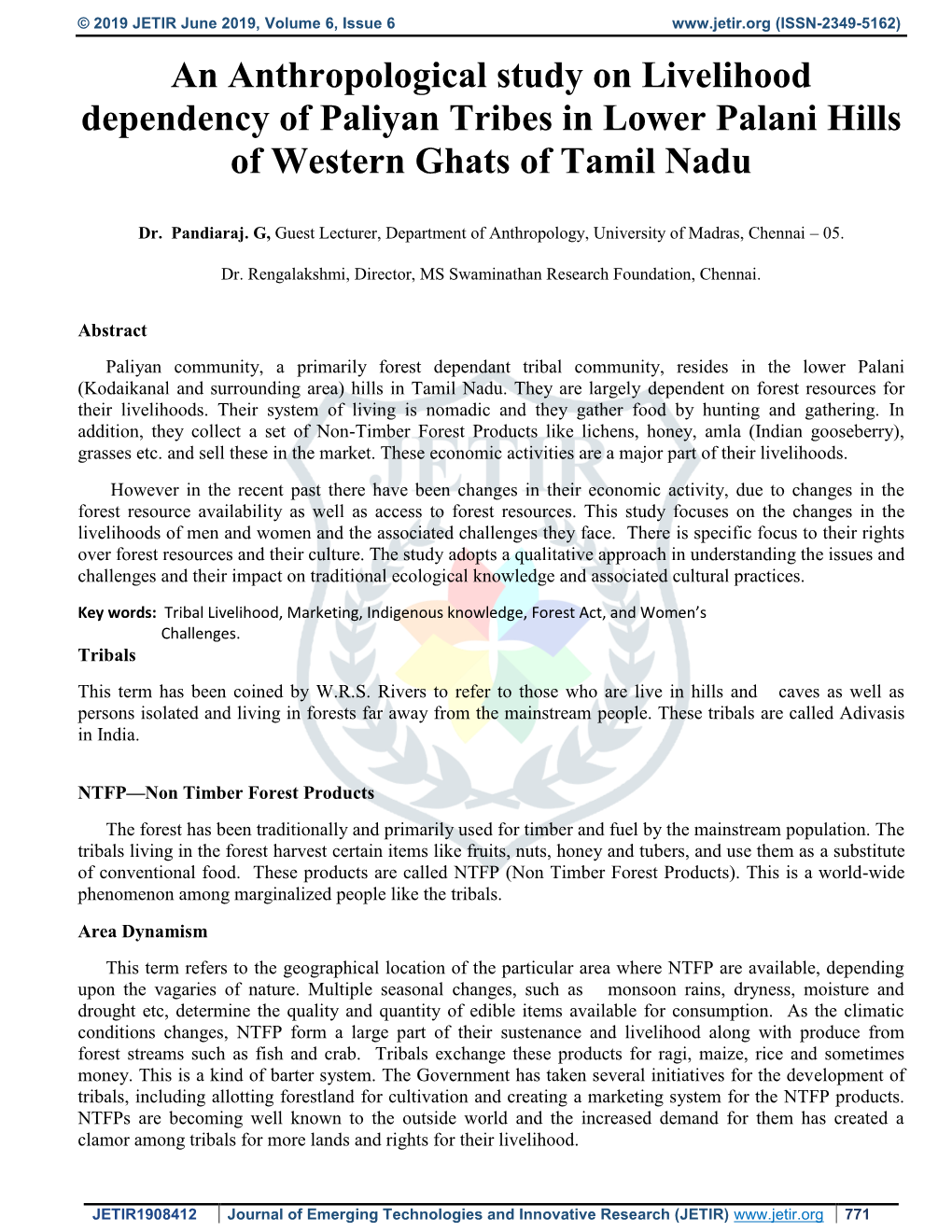 An Anthropological Study on Livelihood Dependency of Paliyan Tribes in Lower Palani Hills of Western Ghats of Tamil Nadu