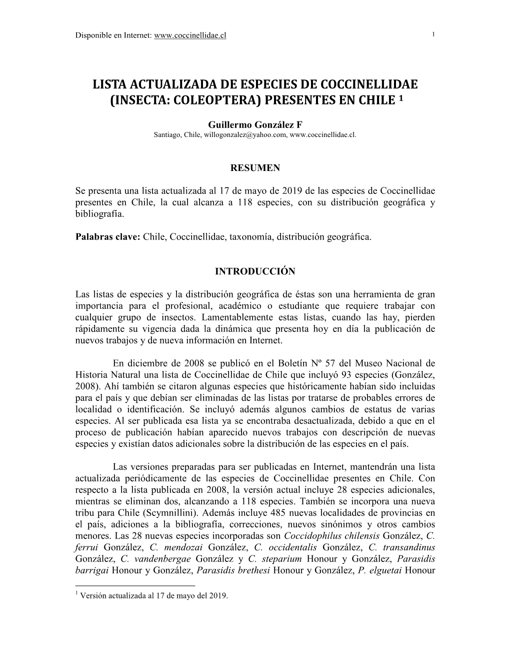 Lista Actualizada De Especies De Coccinellidae (Insecta: Coleoptera) Presentes En Chile 1