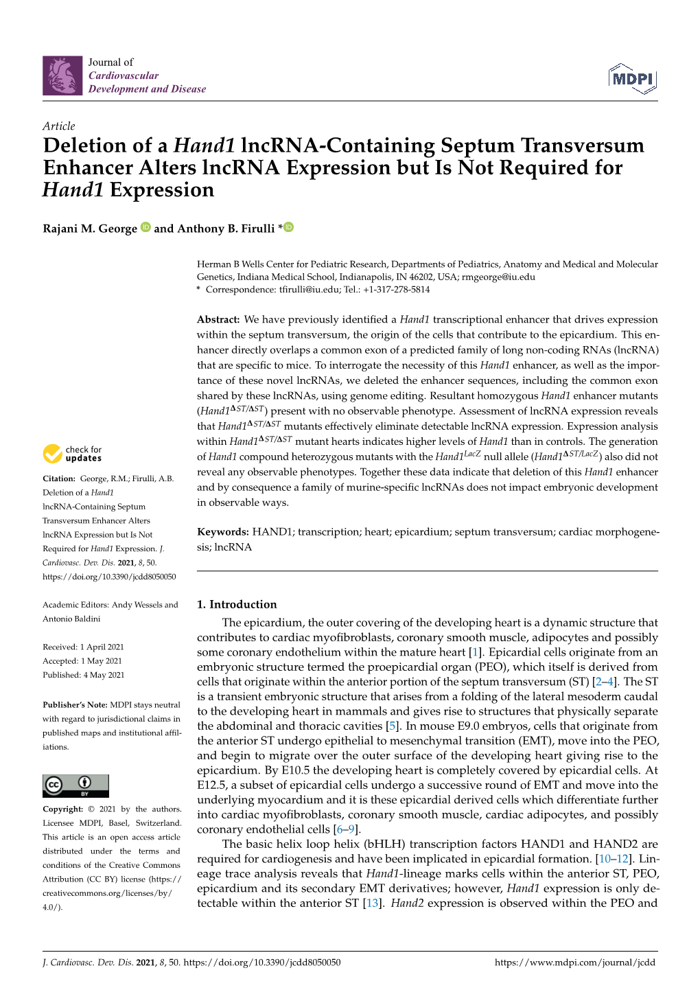 Deletion of a Hand1 Lncrna-Containing Septum Transversum Enhancer Alters Lncrna Expression but Is Not Required for Hand1 Expression