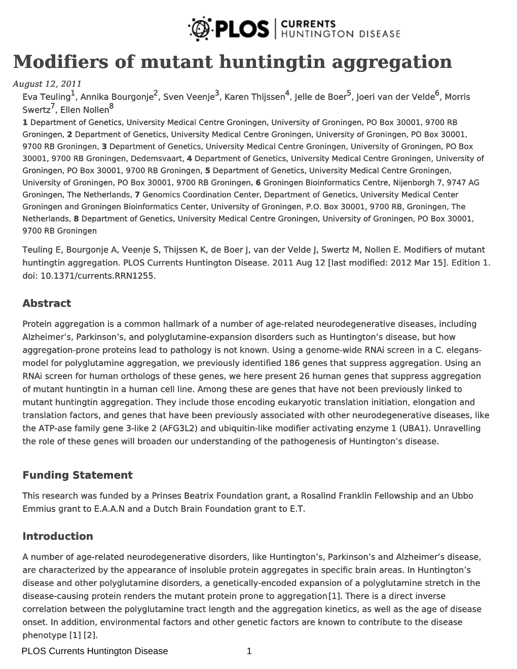 PLOS Currents Huntington Disease