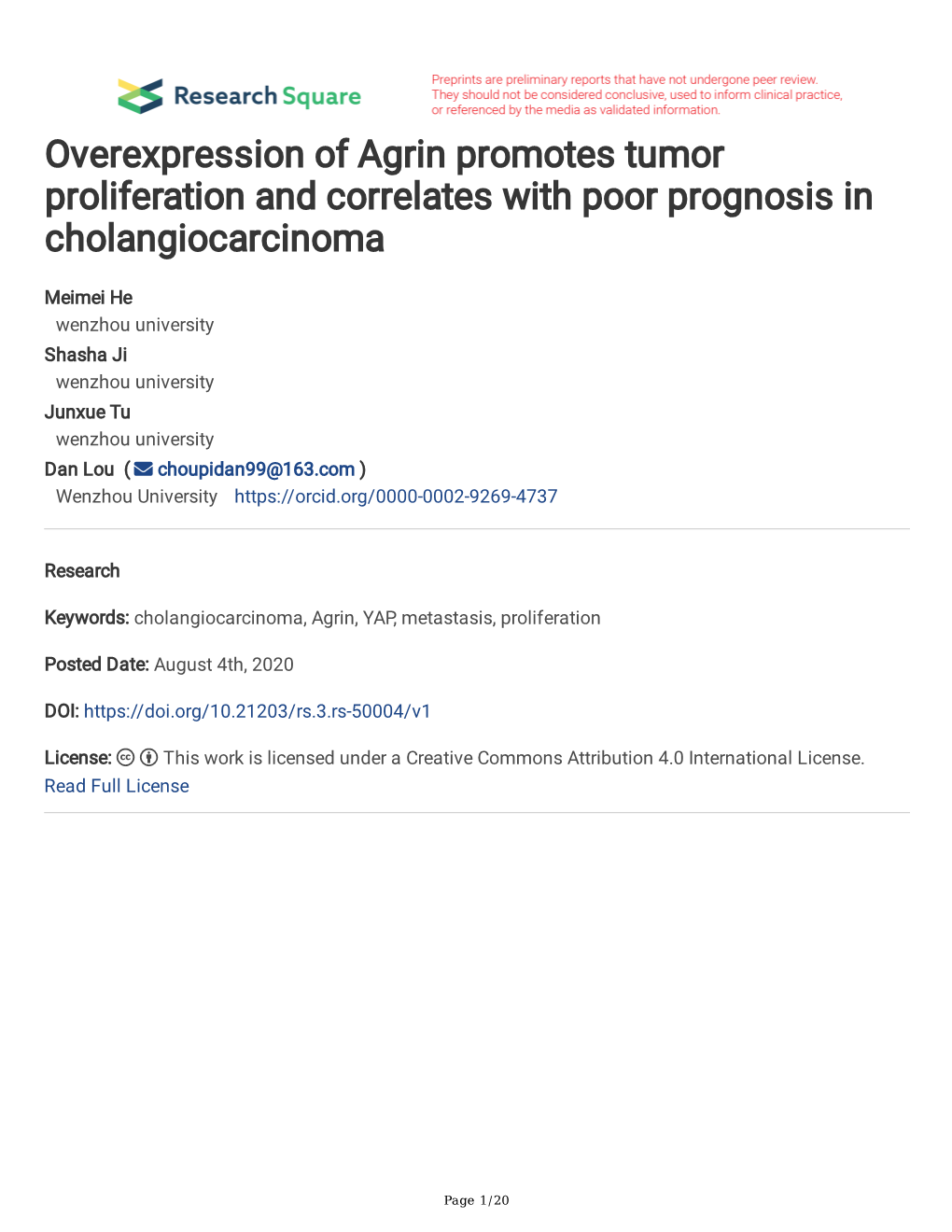 Overexpression of Agrin Promotes Tumor Proliferation and Correlates with Poor Prognosis in Cholangiocarcinoma