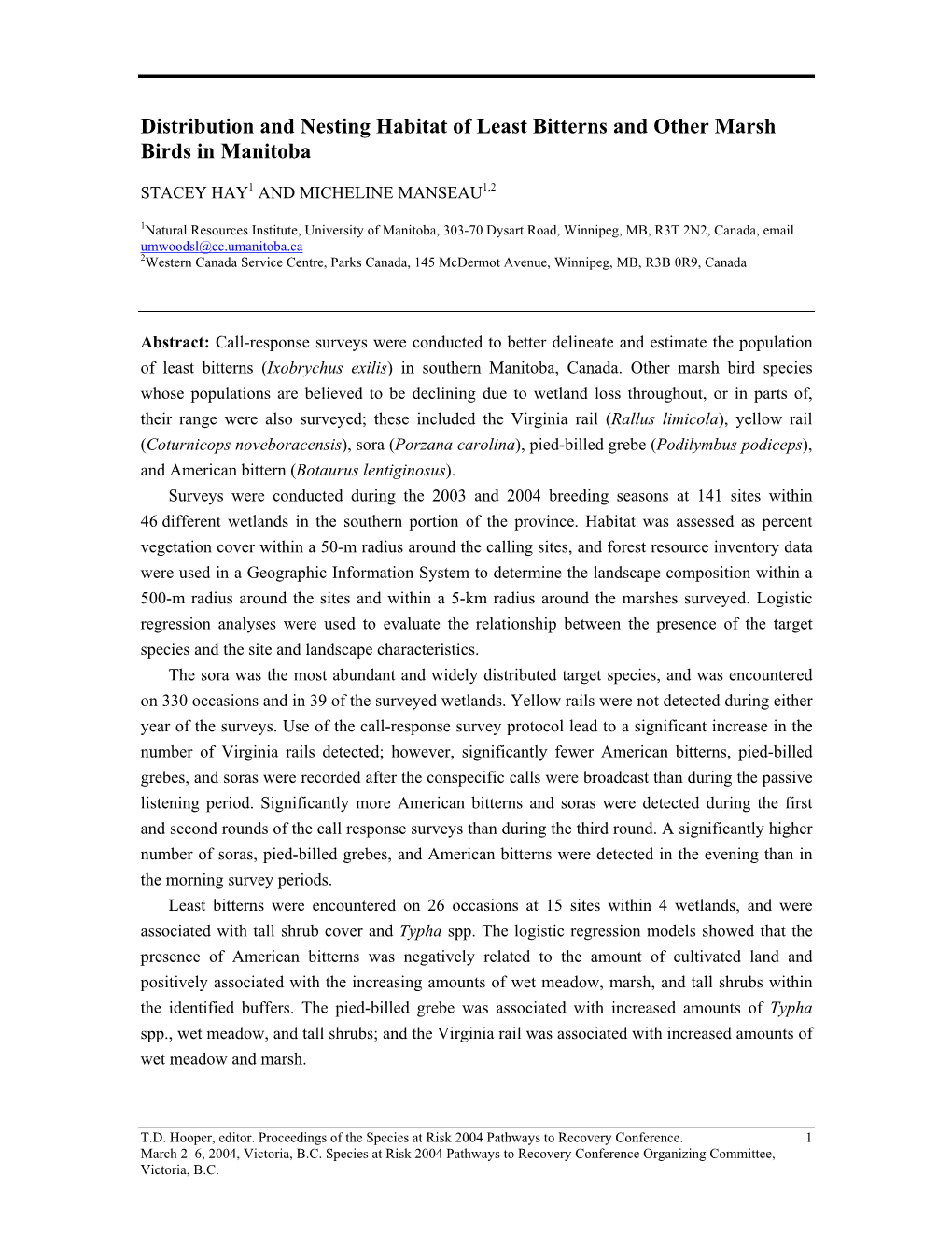 Distribution and Nesting Habitat of Least Bitterns and Other Marsh Birds in Manitoba