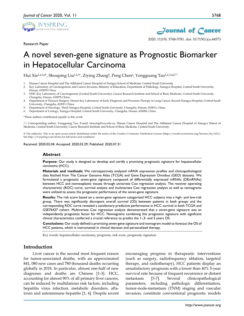 A Novel Seven-Gene Signature As Prognostic Biomarker In