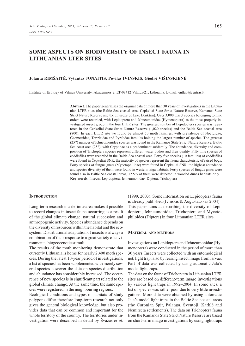 Some Aspects on Biodiversity of Insect Fauna in Lithuanian Lter Sites