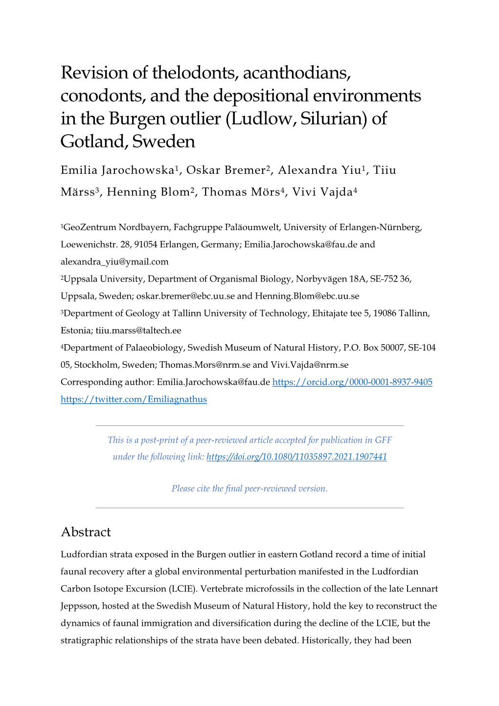 Revision of Thelodonts, Acanthodians, Conodonts, and the Depositional Environments in the Burgen Outlier (Ludlow, Silurian) of Gotland, Sweden