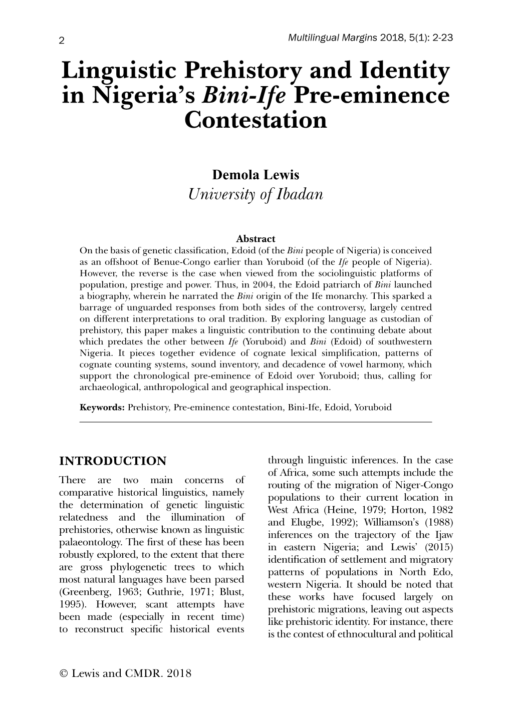 Linguistic Prehistory and Identity in Nigeria's Bini-Ife Pre-Eminence