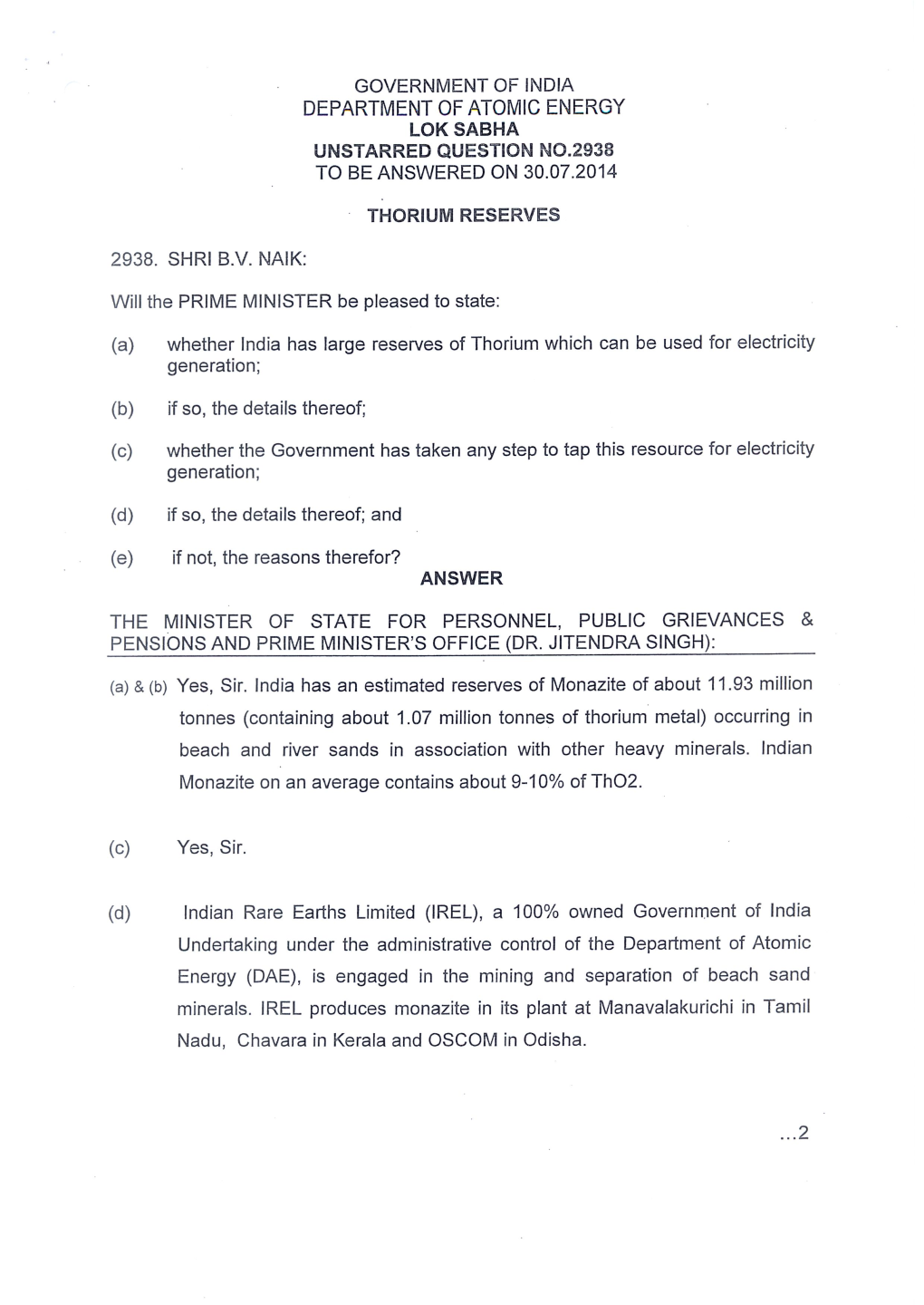 Department of Atomic Energy Lok Sabha Unstarred Question No.2938 to Be Answered on 30.07.2014