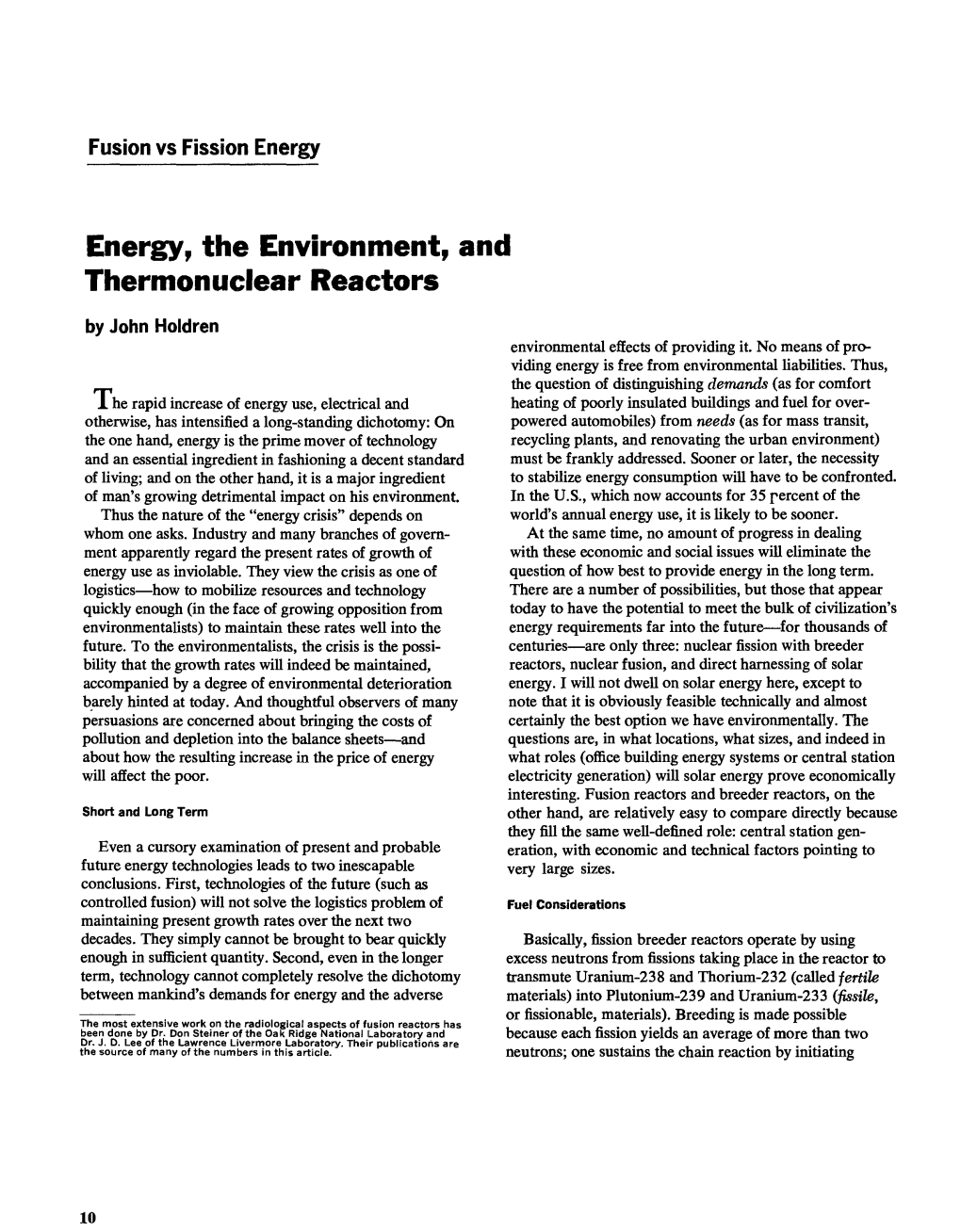 Energy, the Environment, and Thermonuclear Reactors