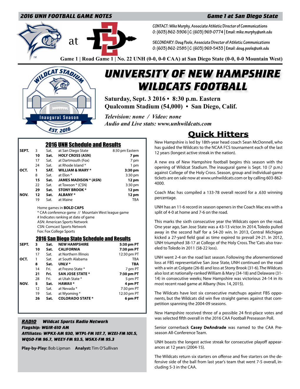 UNIVERSITY of NEW HAMPSHIRE WILDCATS FOOTBALL Saturday, Sept