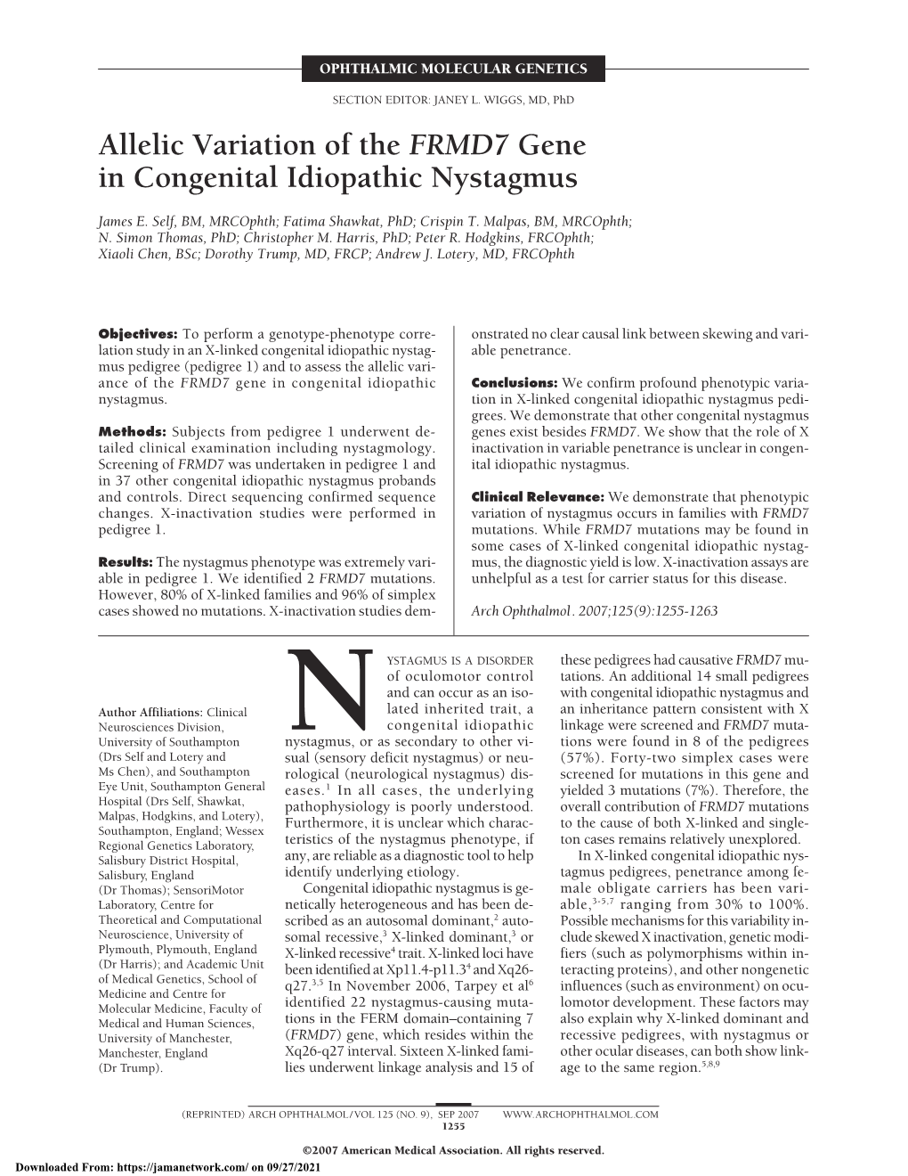 Allelic Variation of the FRMD7 Gene in Congenital Idiopathic Nystagmus