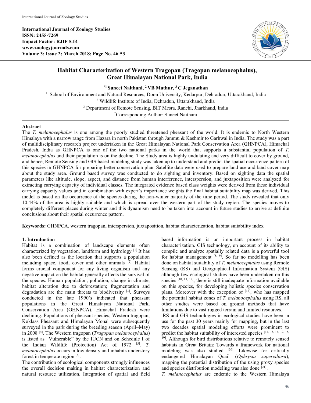 Habitat Characterization of Western Tragopan (Tragopan Melanocephalus), Great Himalayan National Park, India