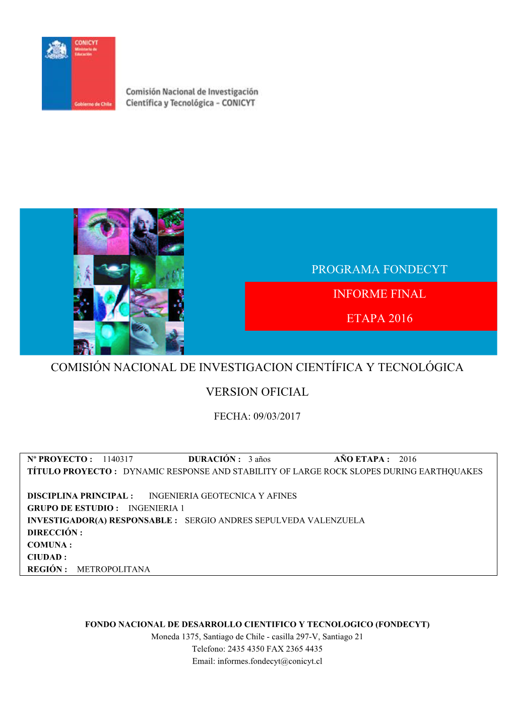 Programa Fondecyt Informe Final Etapa 2016 Comisión