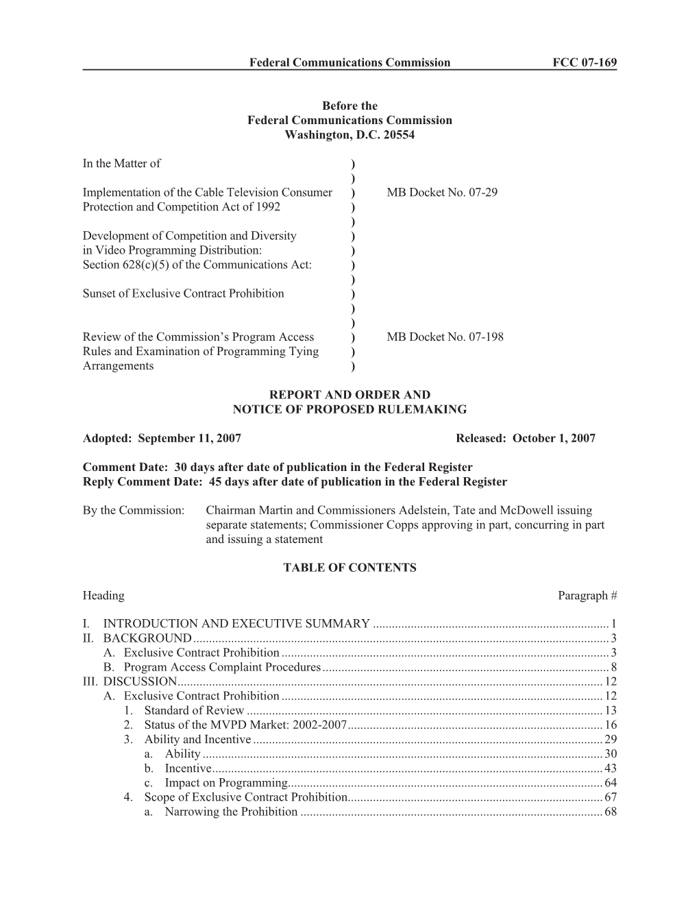 Federal Communications Commission FCC 07-169 Before the Federal