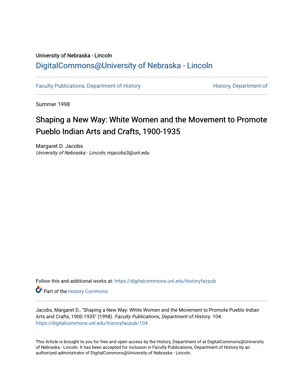 White Women and the Movement to Promote Pueblo Indian Arts and Crafts, 1900-1935