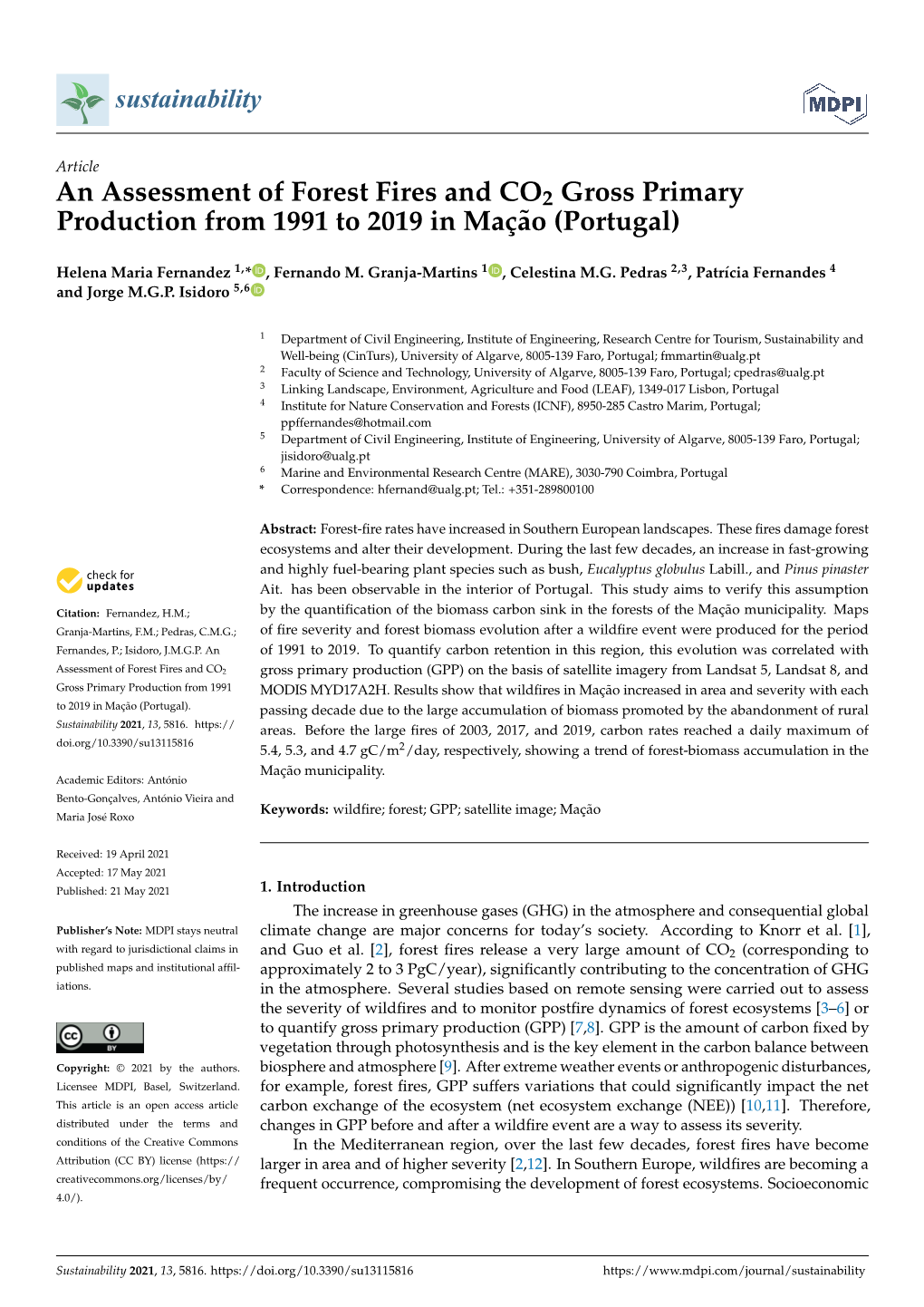 An Assessment of Forest Fires and CO2 Gross Primary Production from 1991 to 2019 in Mação (Portugal)