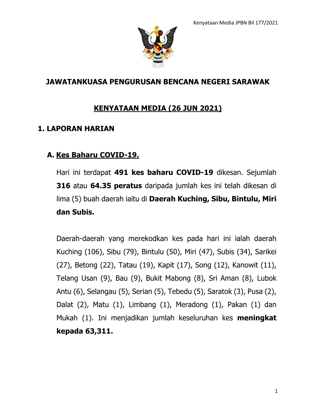 (26 JUN 2021) 1. LAPORAN HARIAN A. Kes Baharu COVID-19. Hari