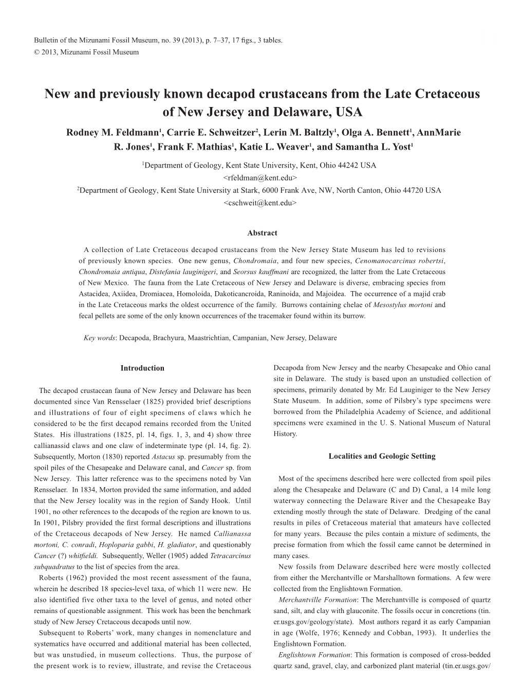 New and Previously Known Decapod Crustaceans from the Late Cretaceous of New Jersey and Delaware, USA Rodney M