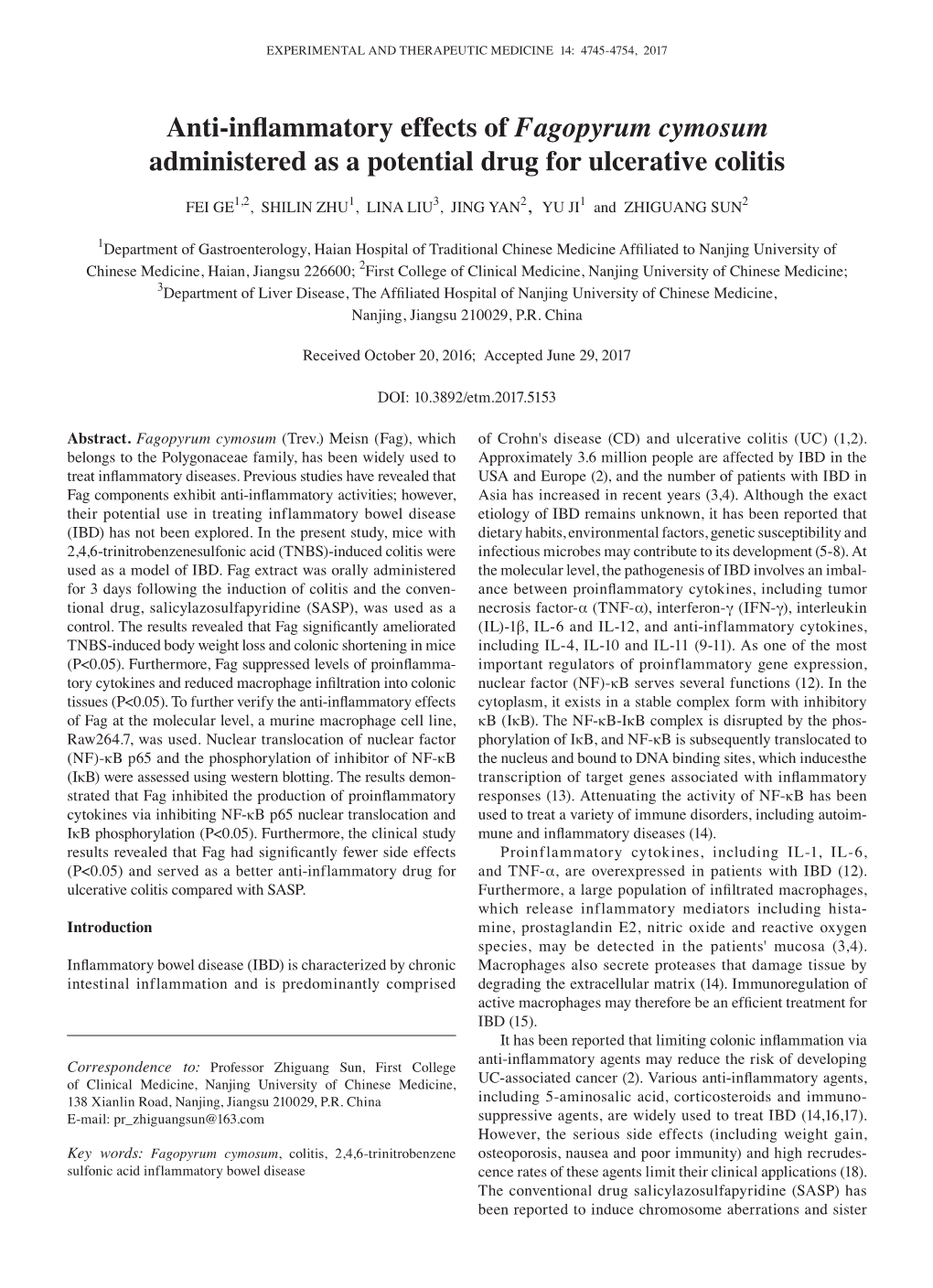 Anti‑Inflammatory Effects of Fagopyrum Cymosum Administered As a Potential Drug for Ulcerative Colitis