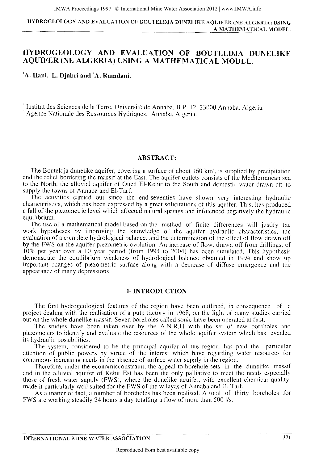 Hydrogeology and Evaluation of Bouteldja Dunelike Aquifer (Ne Algeria) Using a Mathematical Model