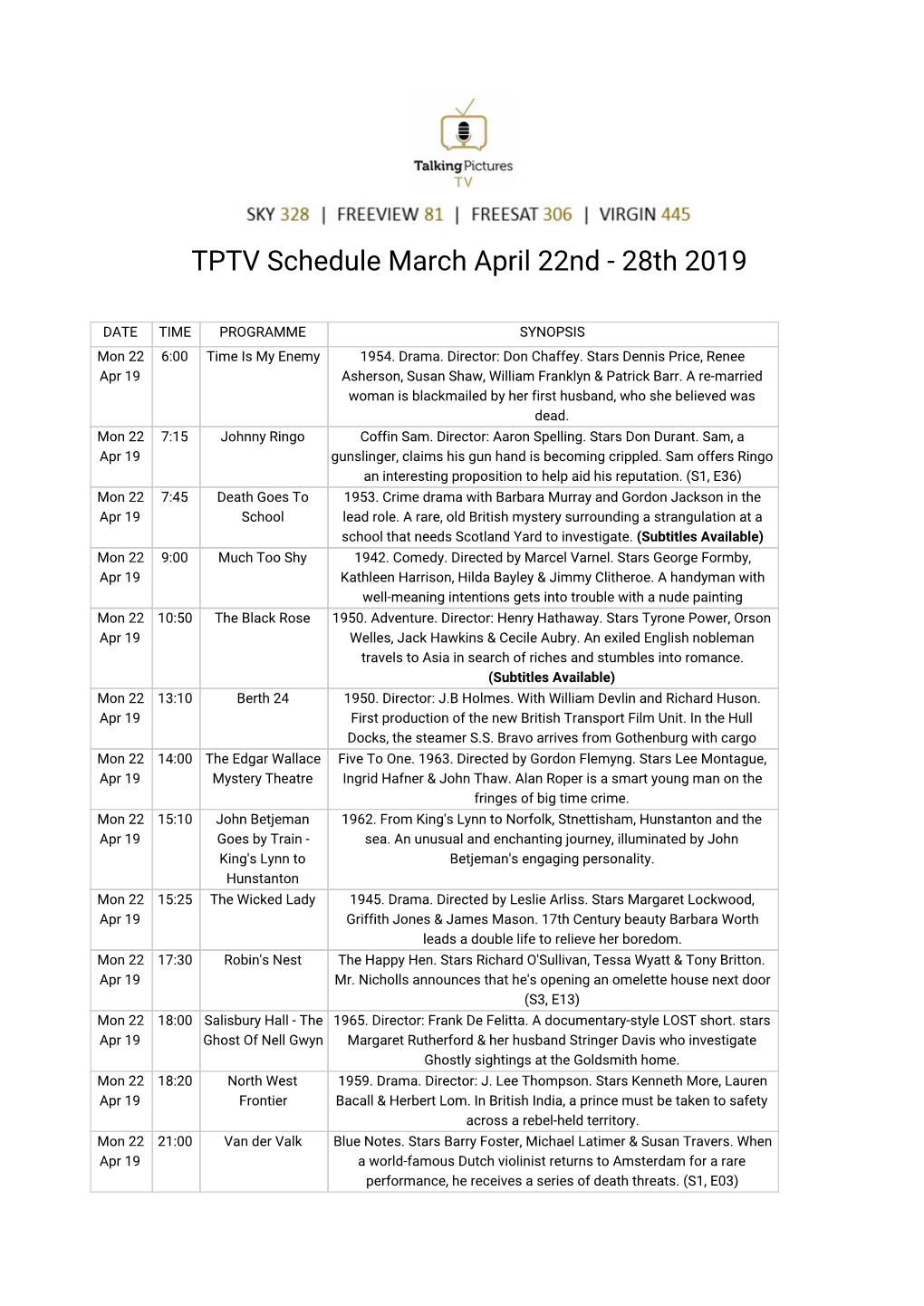 TPTV Schedule March April 22Nd - 28Th 2019
