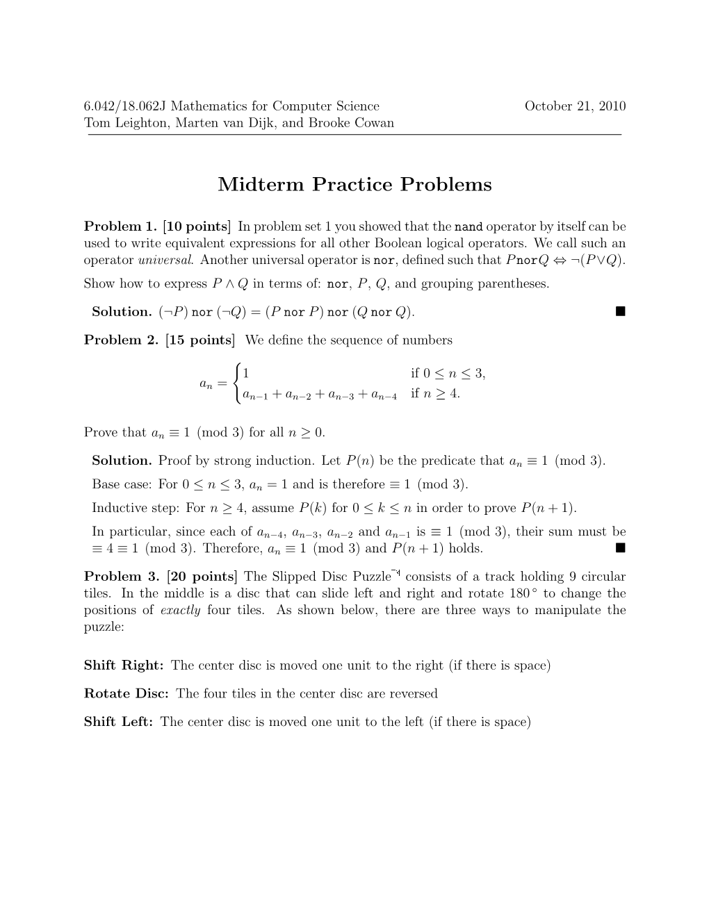 6.042J Solutions to Midterm Practice Problems