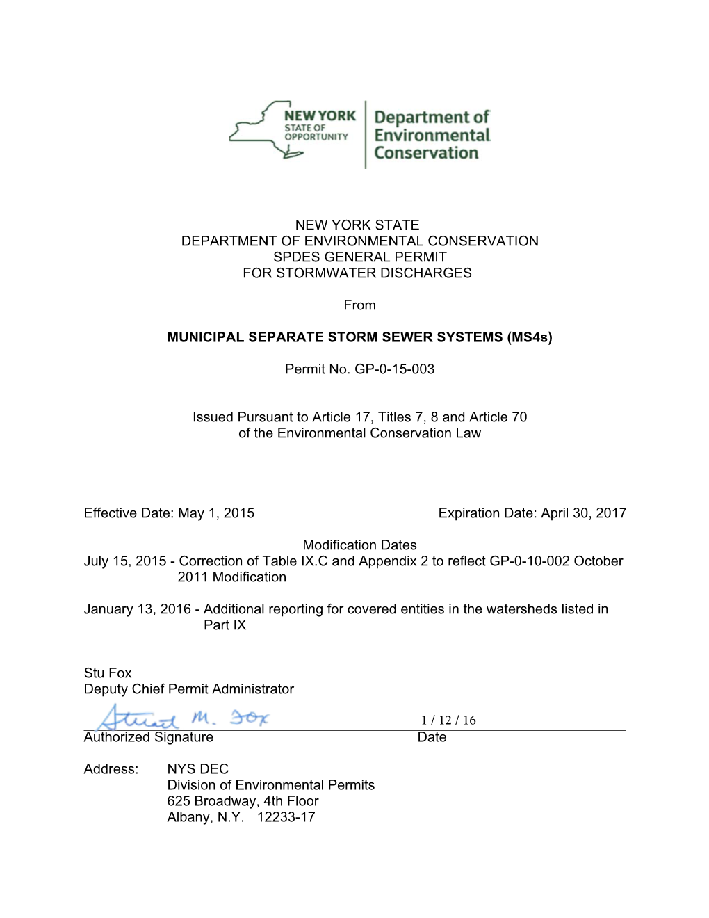 Municipal Separate Storm Sewer Systems Permit, GP-0-15-003