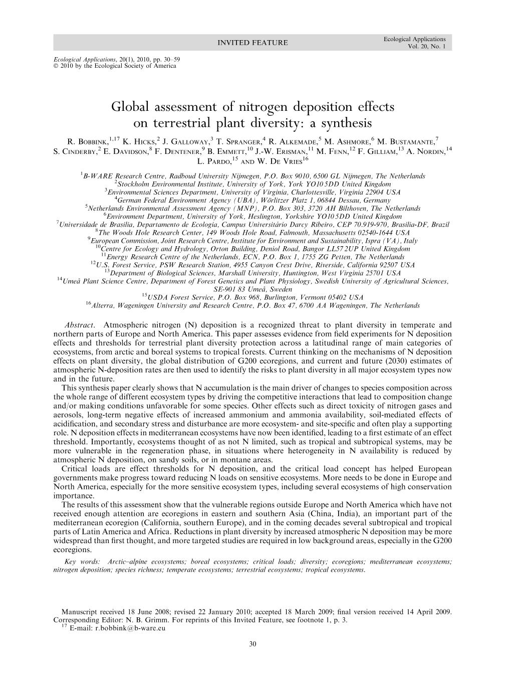 Global Assessment of Nitrogen Deposition Effects on Terrestrial Plant Diversity: a Synthesis 1,17 2 3 4 5 6 7 R