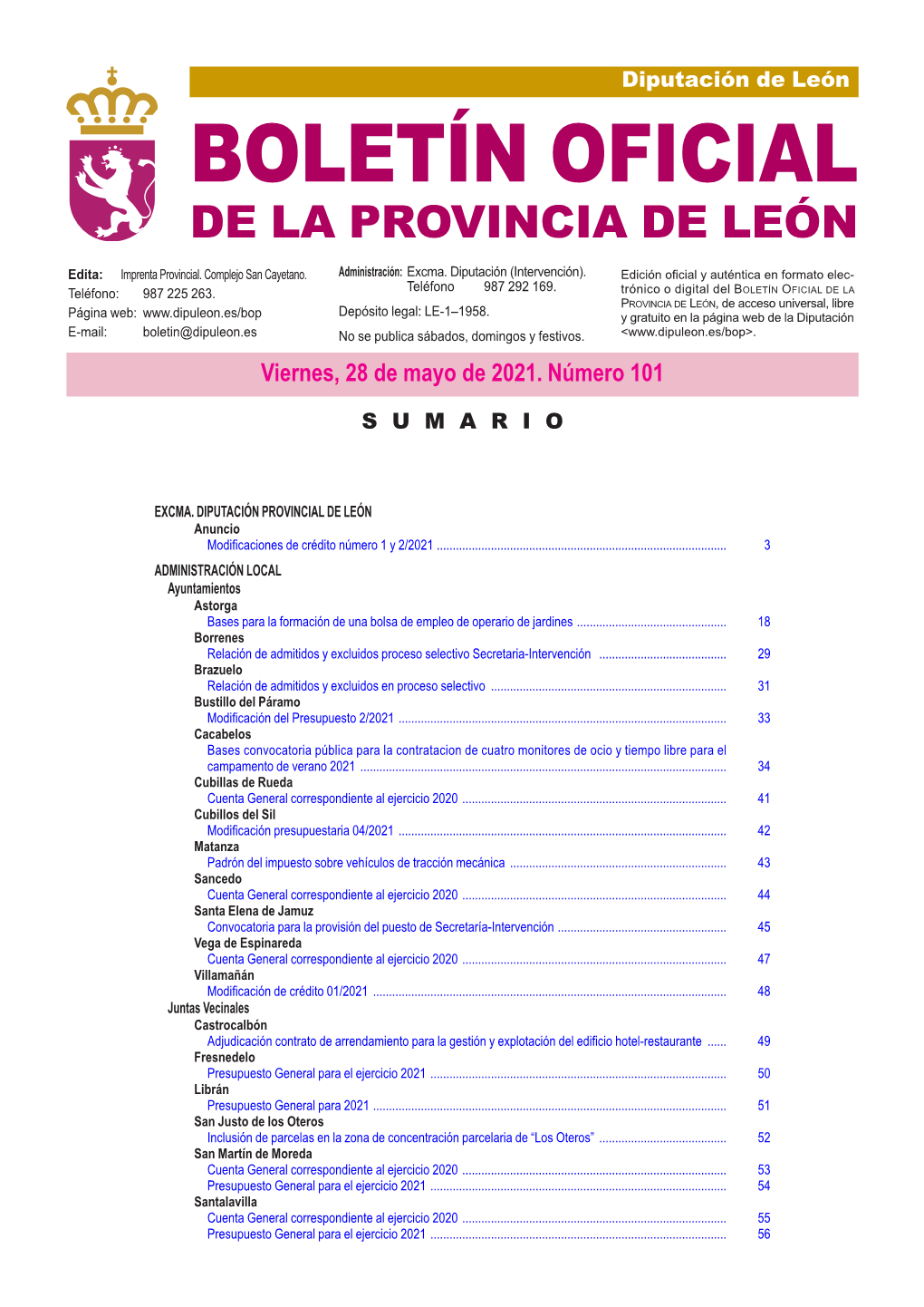 BOLETÍN OFICIAL DE LA PROVINCIA DE LEÓN Edita: Imprenta Provincial