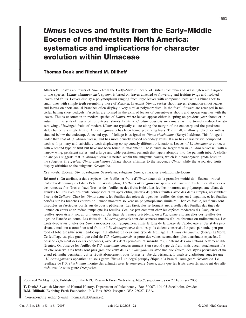 Ulmus Leaves and Fruits from the Early–Middle Eocene of Northwestern North America: Systematics and Implications for Character Evolution Within Ulmaceae