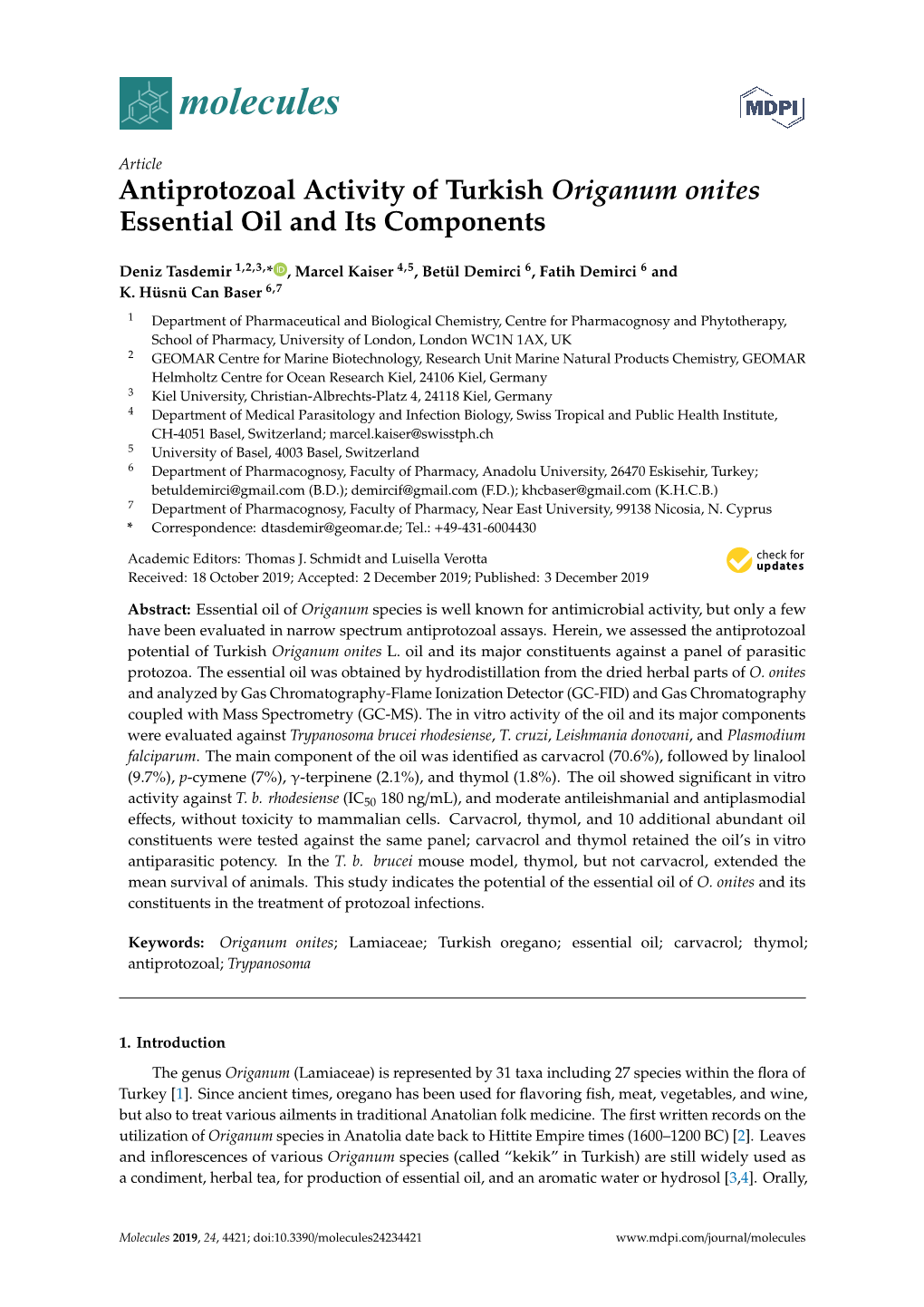 Antiprotozoal Activity of Turkish Origanum Onites Essential Oil and Its Components