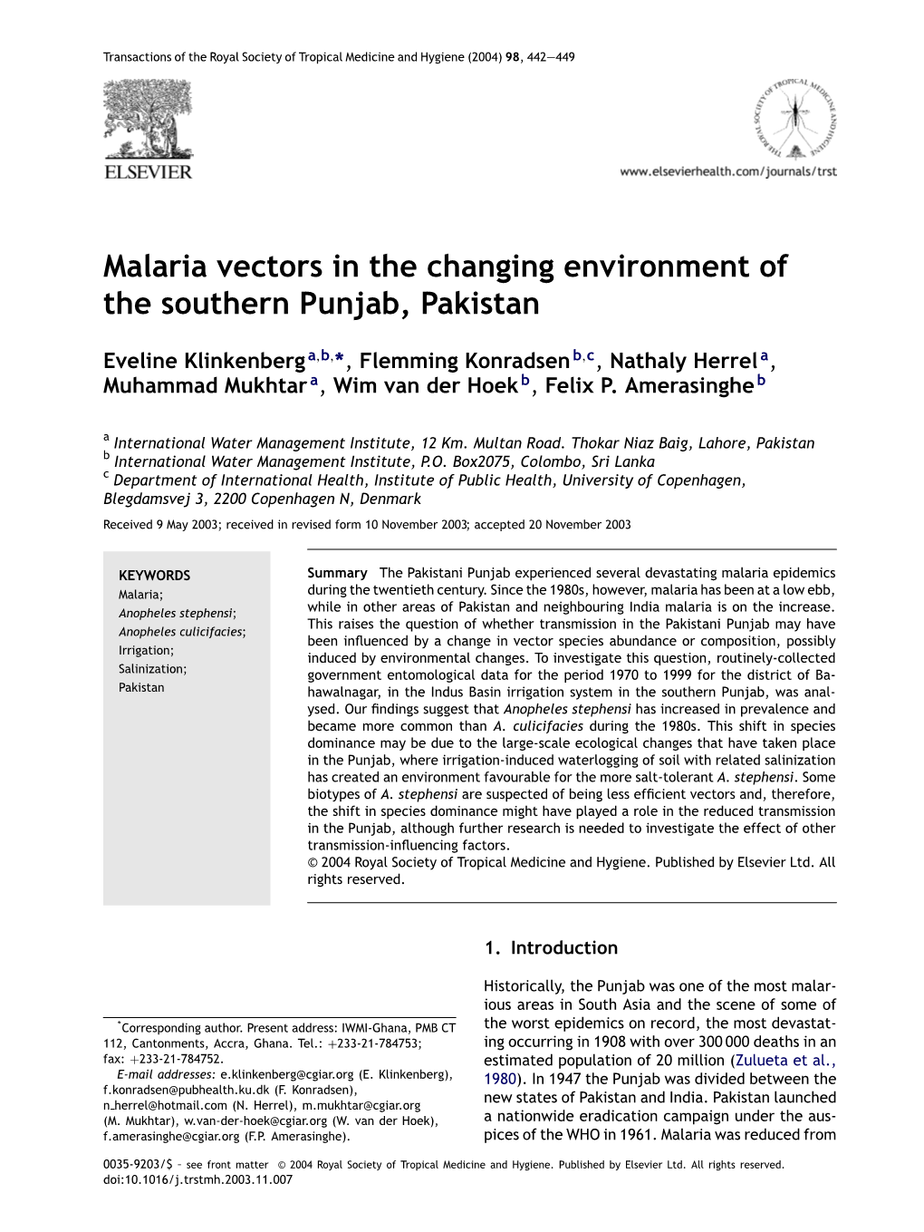 Malaria Vectors in the Changing Environment of the Southern Punjab, Pakistan