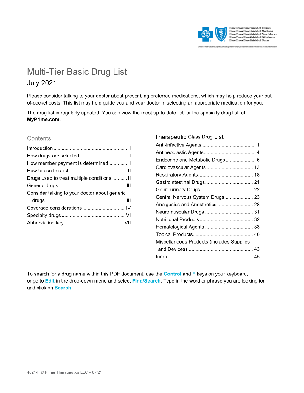 Blue Cross and Blue Shield April 2021 Multi-Tier Basic Drug List