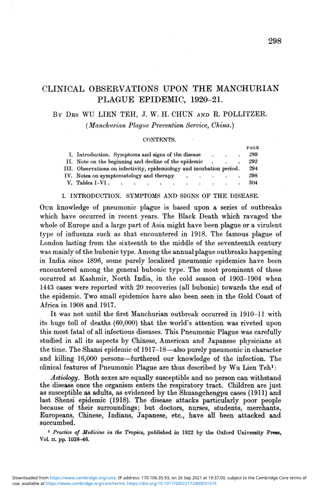 298 Clinical Observations Upon the Manchurian Plague Epidemic, 1920