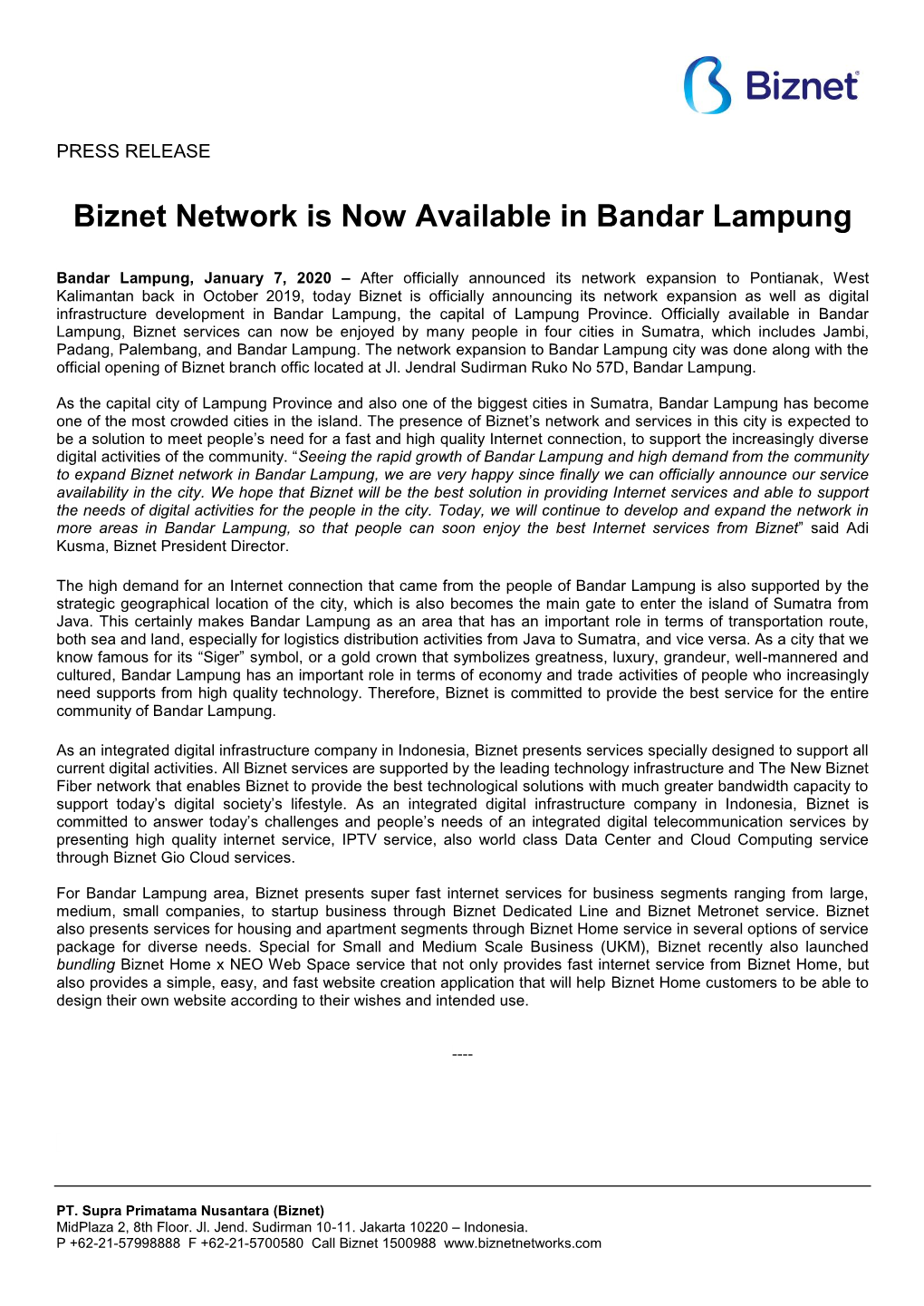 Biznet Network Is Now Available in Bandar Lampung