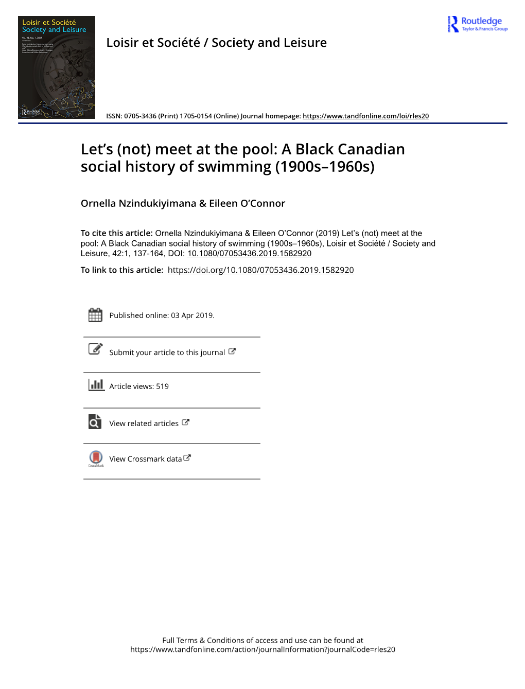 Meet at the Pool: a Black Canadian Social History of Swimming (1900S–1960S)