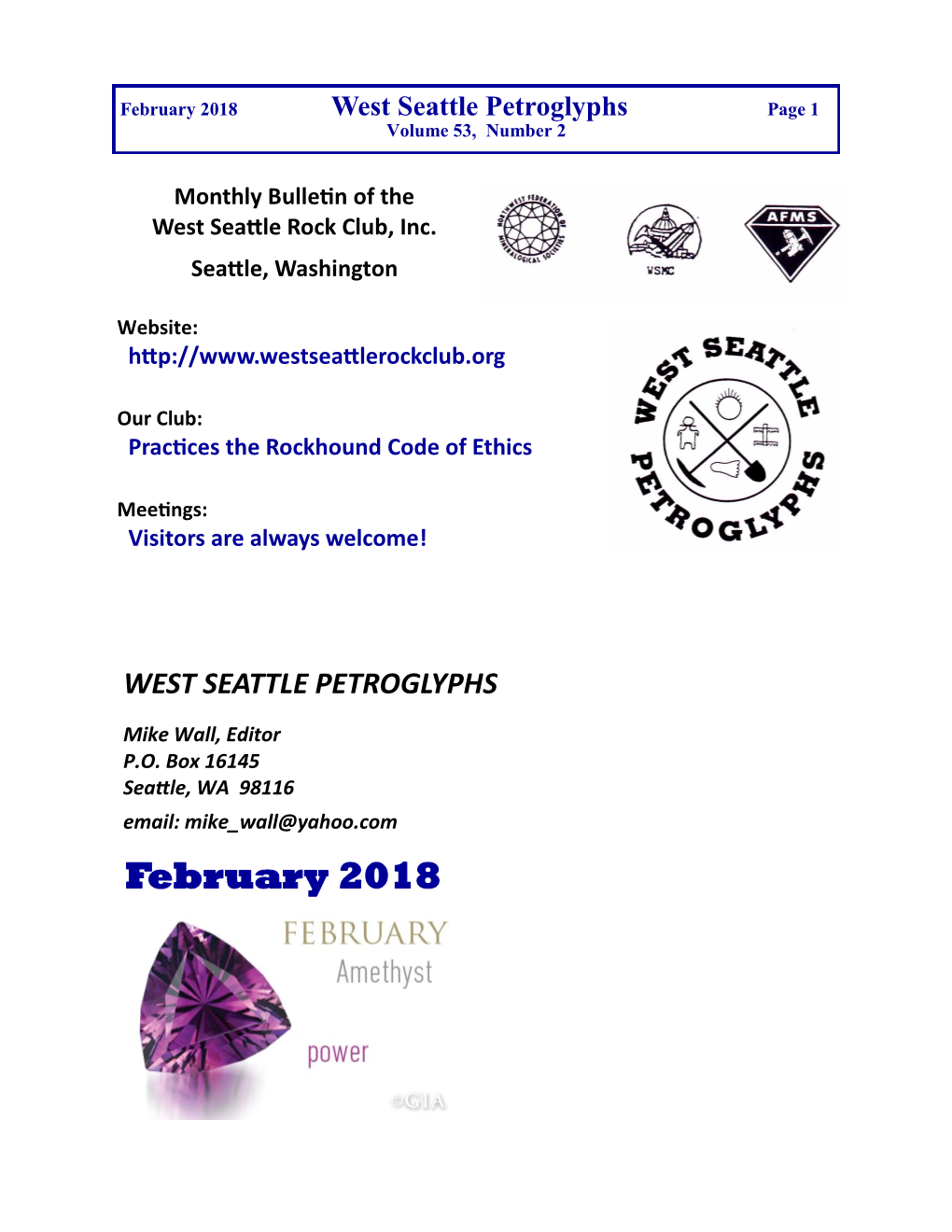 February 2018 West Seattle Petroglyphs Page 1 Volume 53, Number 2